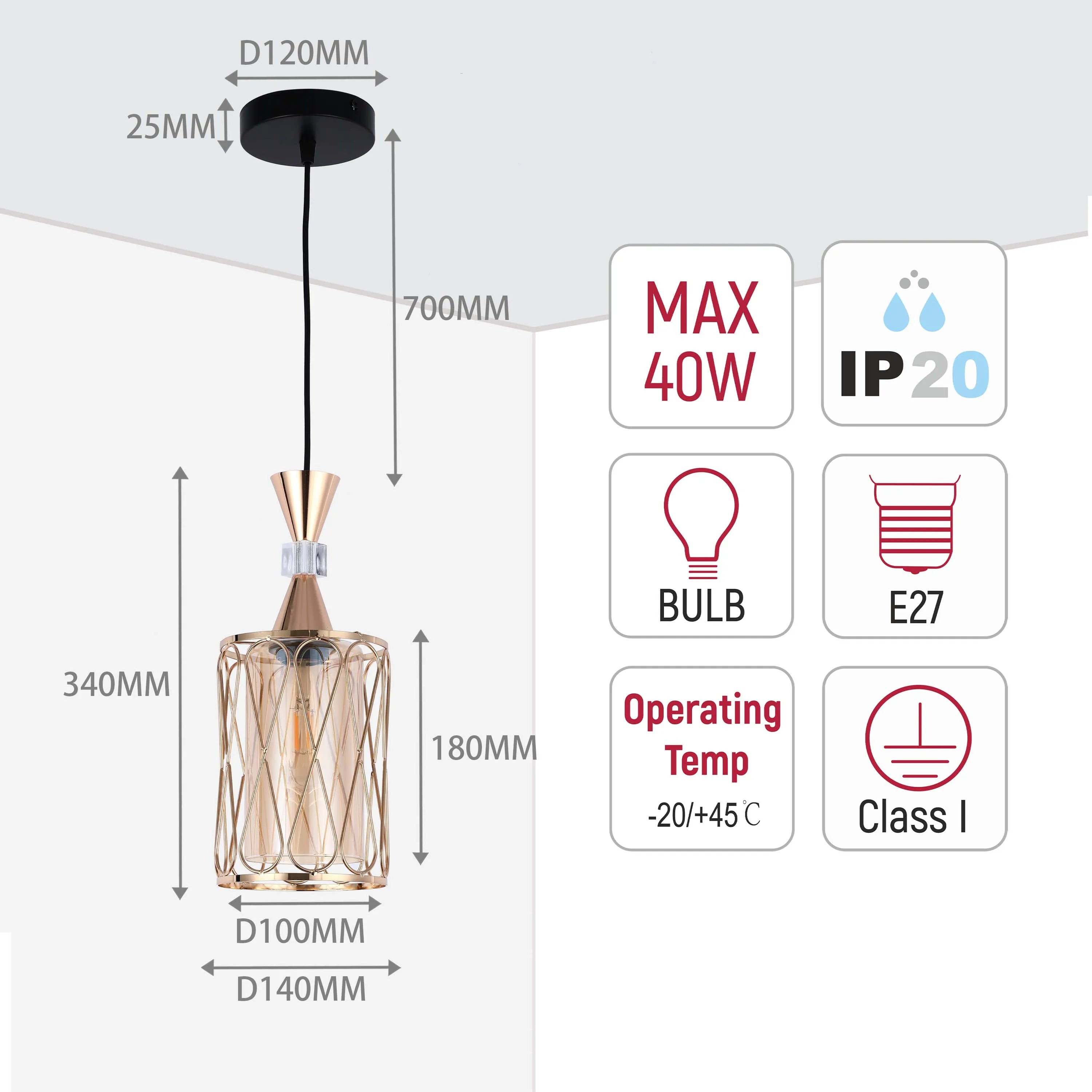 A stylish pendant light with glass and metallic detailing. Dimensions shown; 340mm height, max 40W, E27 bulb.
