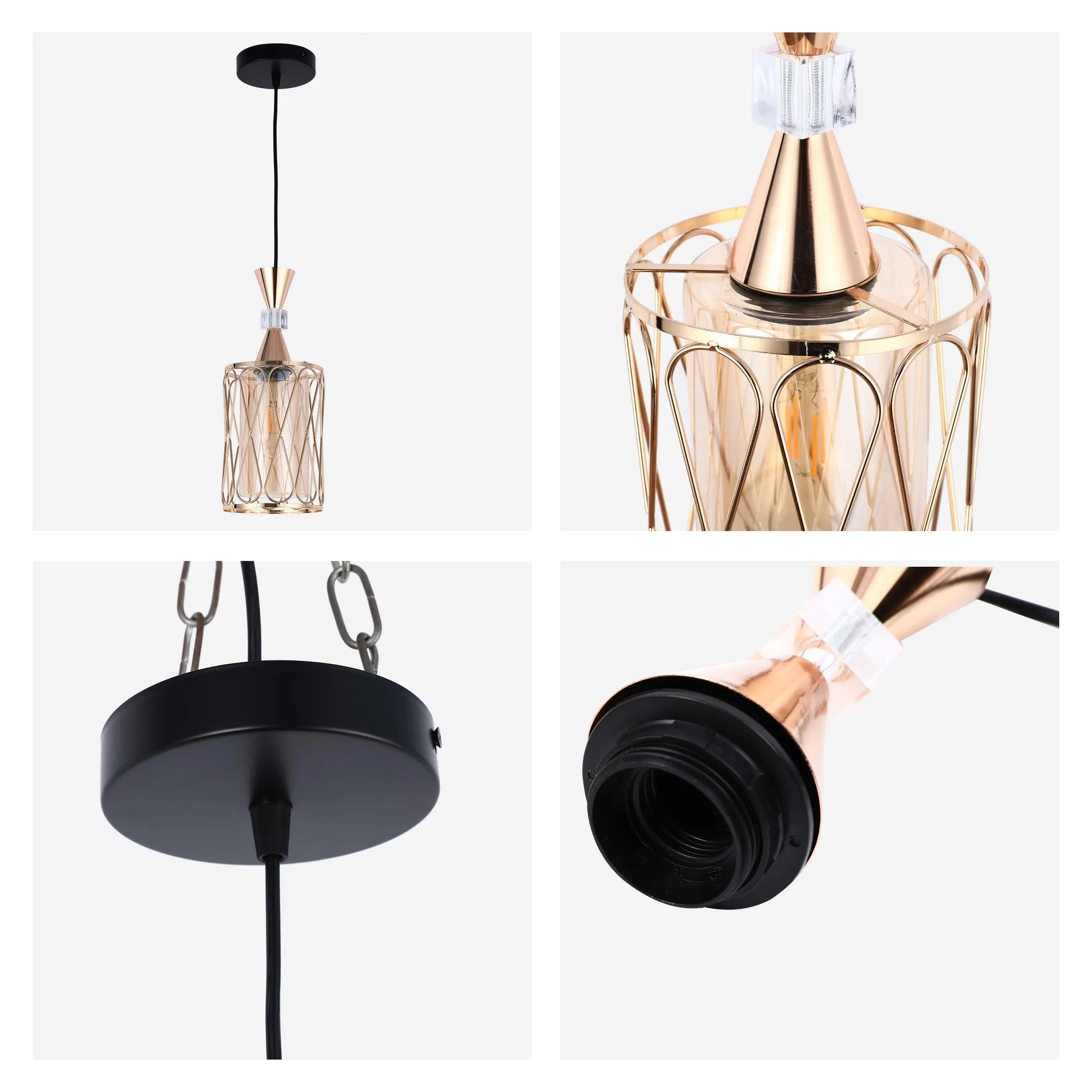 Elegant pendant light with a gold, cage-style shade and a black ceiling rose, offering a contemporary aesthetic.