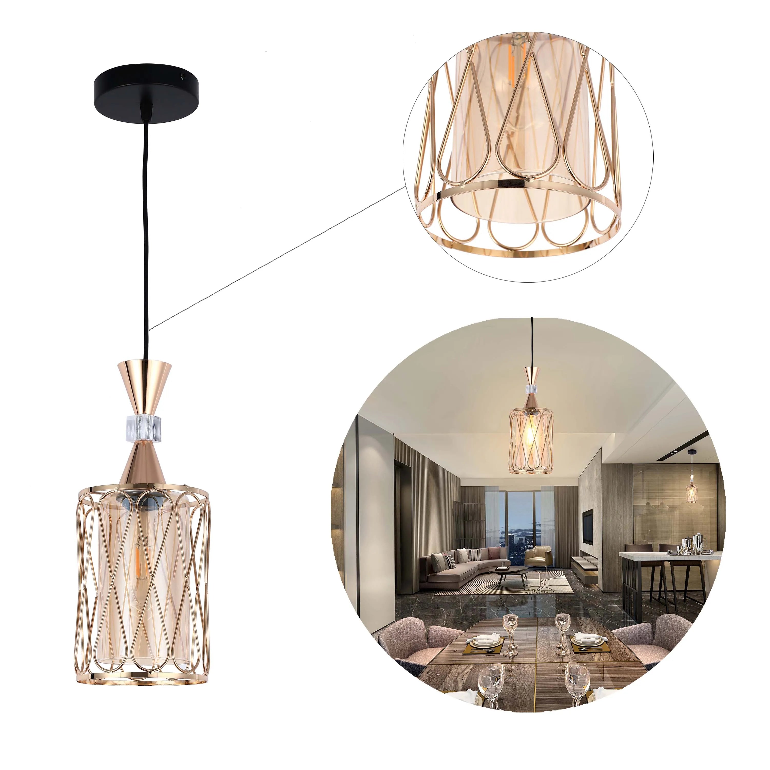 A modern pendant light with a gold cage and crystal detailing, creating a stylish and elegant lighting fixture.