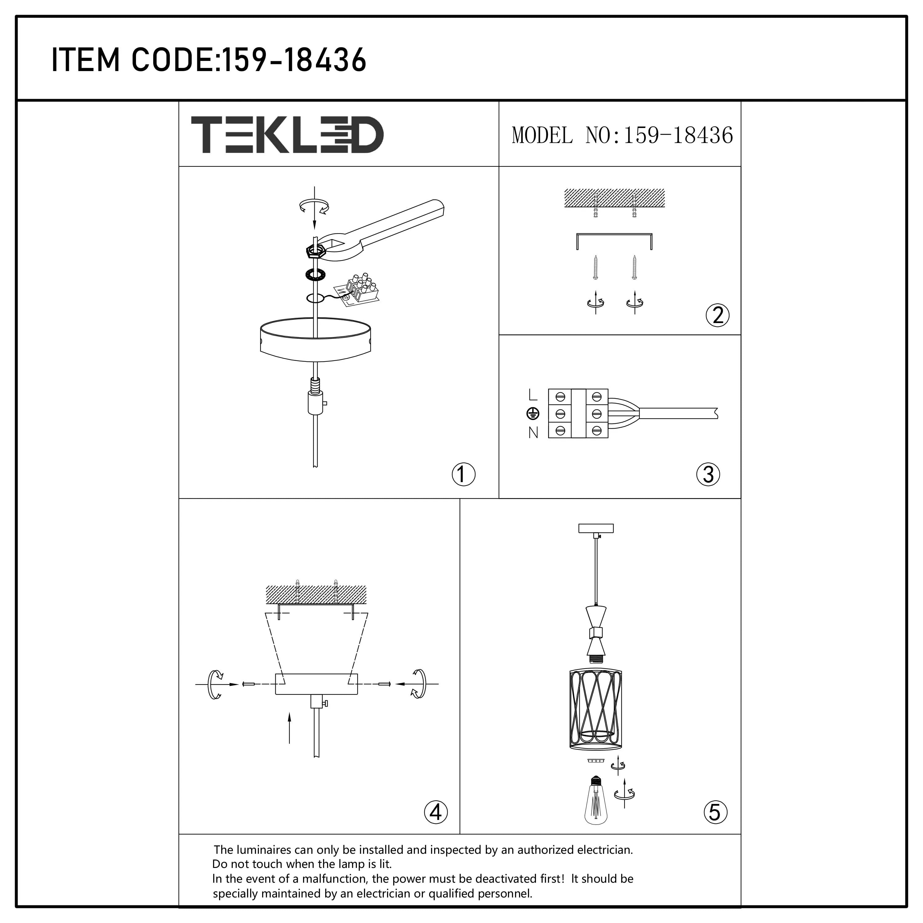 An installation guide for a Tekled pendant light, model number 159-18436. The diagrams show how to assemble and install the light fixture.