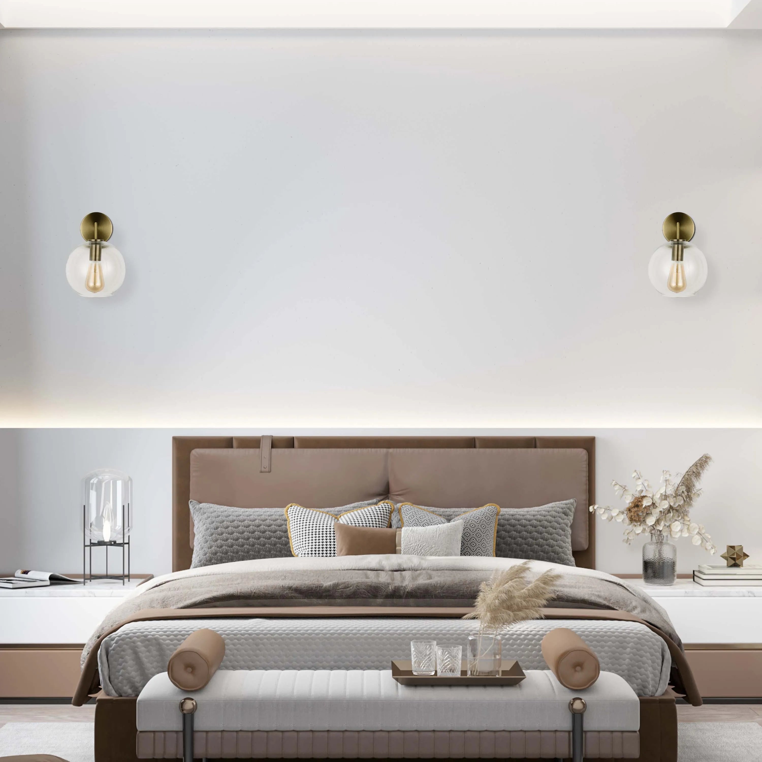 Ambient lighting: wall sconces with vintage-style bulbs flank the bed; subtle under-cabinet lighting.