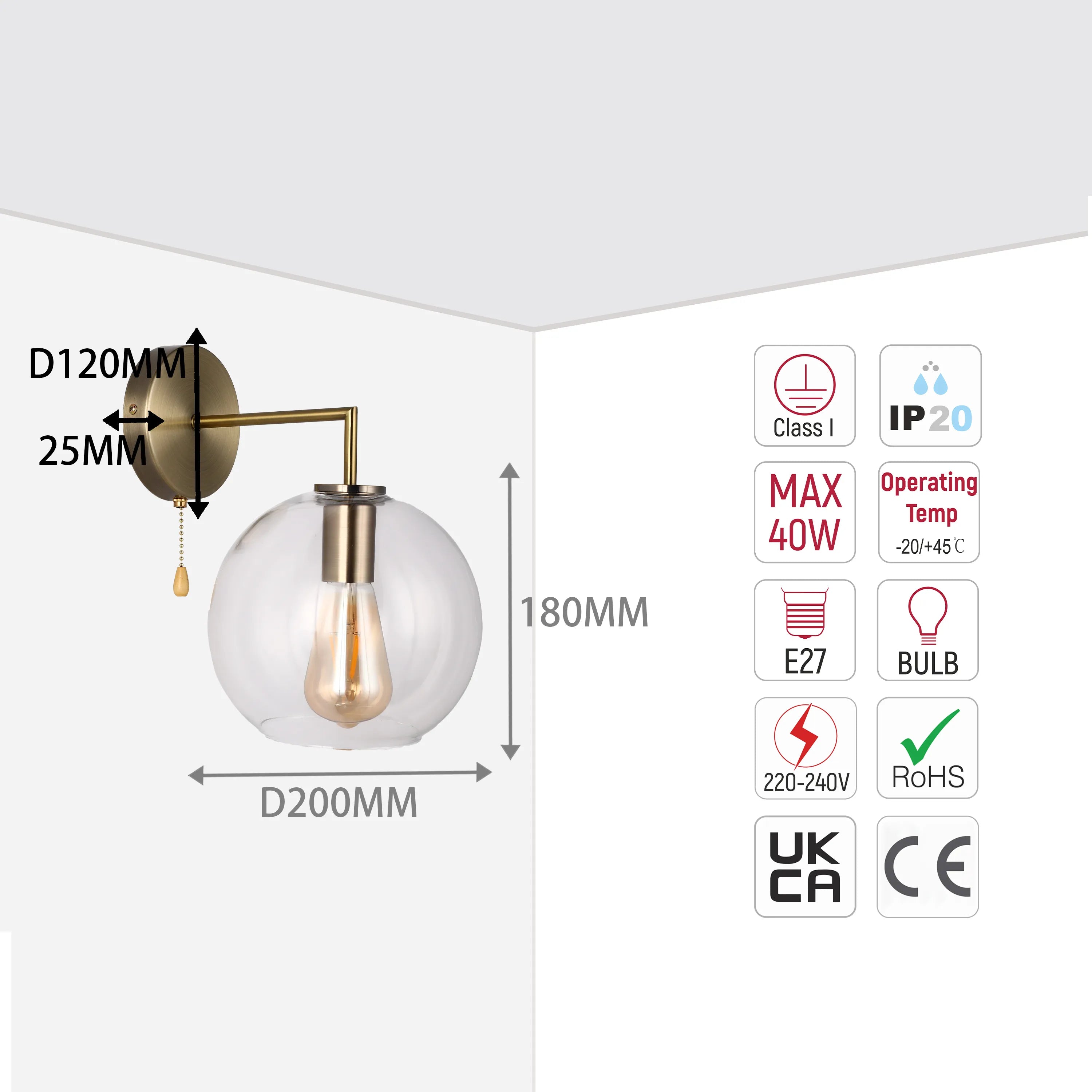 Wall light with a clear glass globe shade, in antique brass finish, showcasing its dimensions and technical specifications.