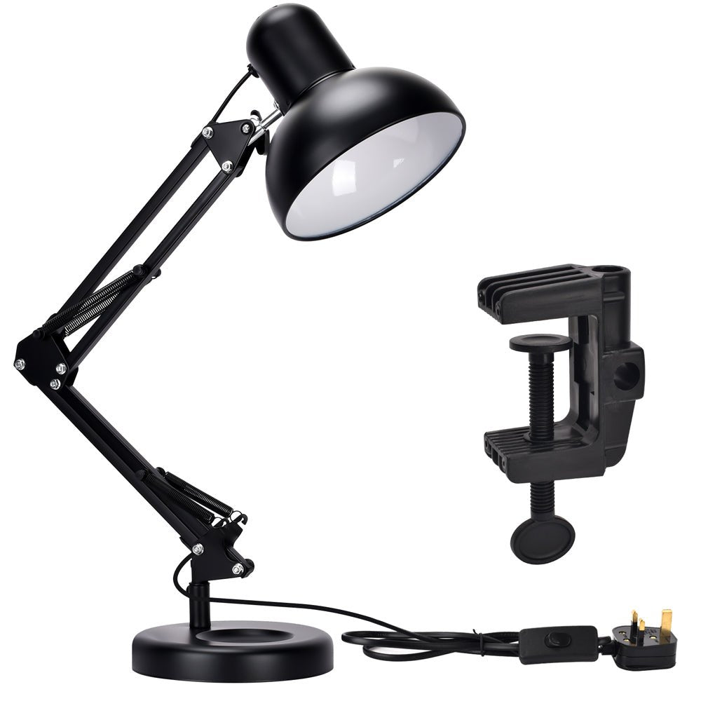 A black adjustable desk lamp with a base and a clamp, perfect for study or home office use.