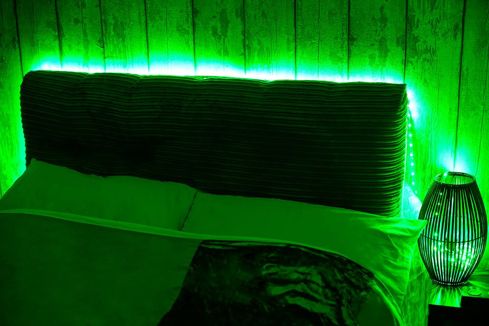 Suggested use around bed of Holiday 5m Smart RGB LED Strip Light 150 LEDs SMD5050 DC12V IP20 25W 2A Adaptor Wi-Fi Alexa Google Assistant Music with Remote controler