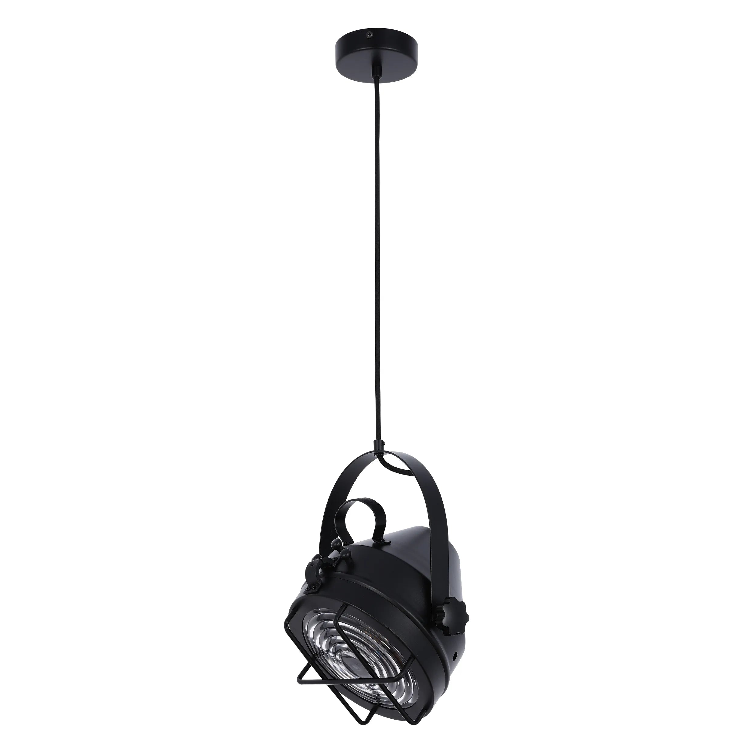 Black pendant lighting fixture with a dome-shaped shade and cage covering the lightbulb. Studio-style pendant light.