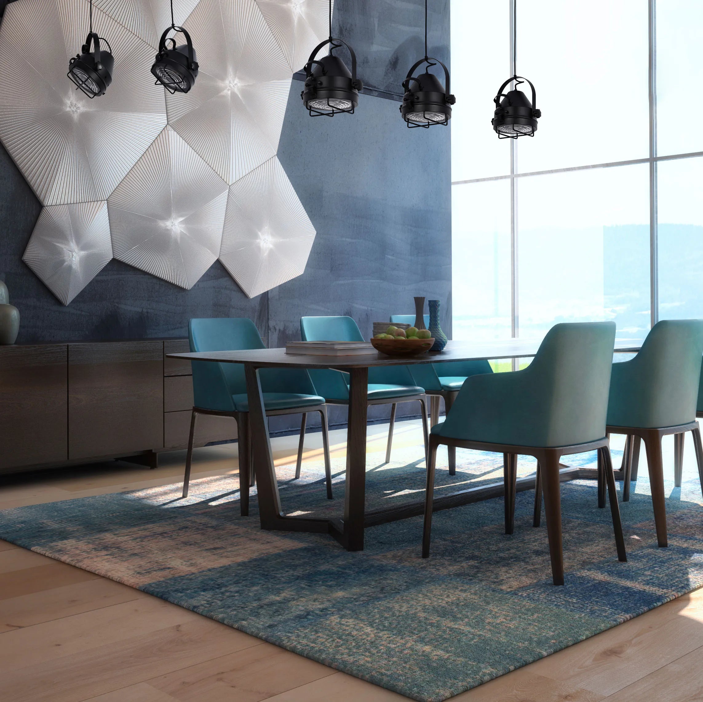 Pendant lights hang above a dining set in a room with a large window. Black vintage stage lighting creates a dramatic effect.
