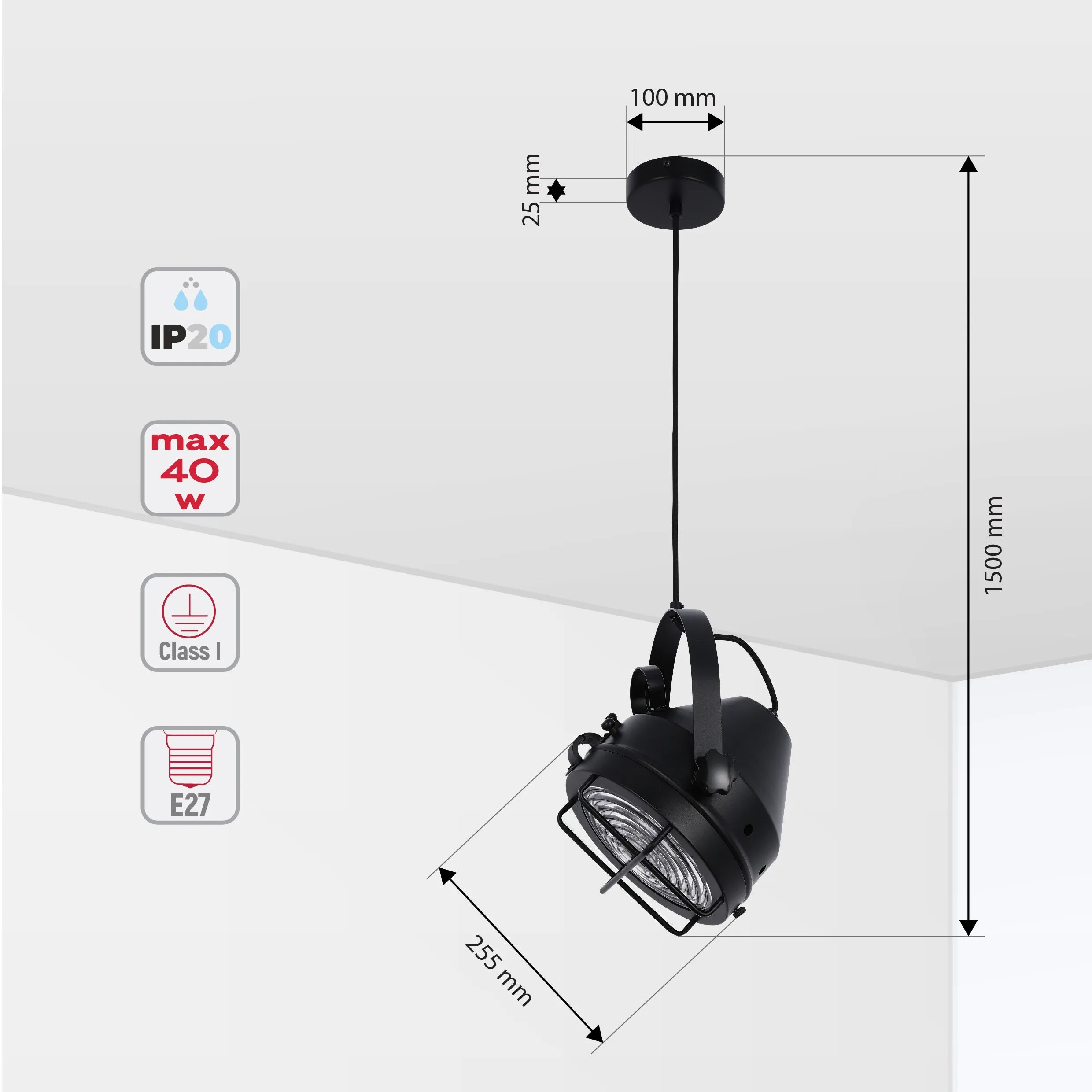 Black spotlight pendant with exposed bulb, E27 fitting. Dimensions: 1500mm height, 255mm width, 100mm ceiling rose width.