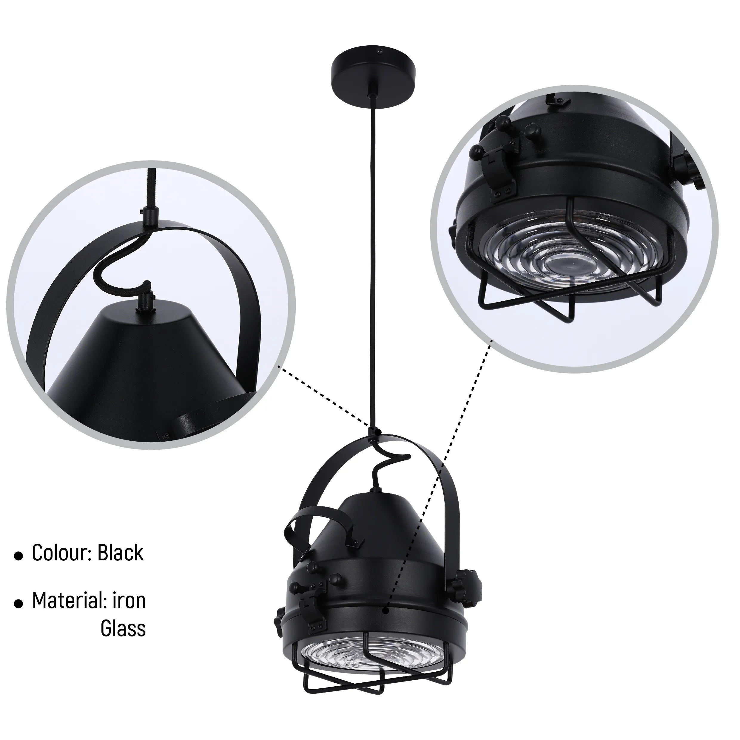A black industrial pendant light with metal cage and glass cover for a vintage style.
