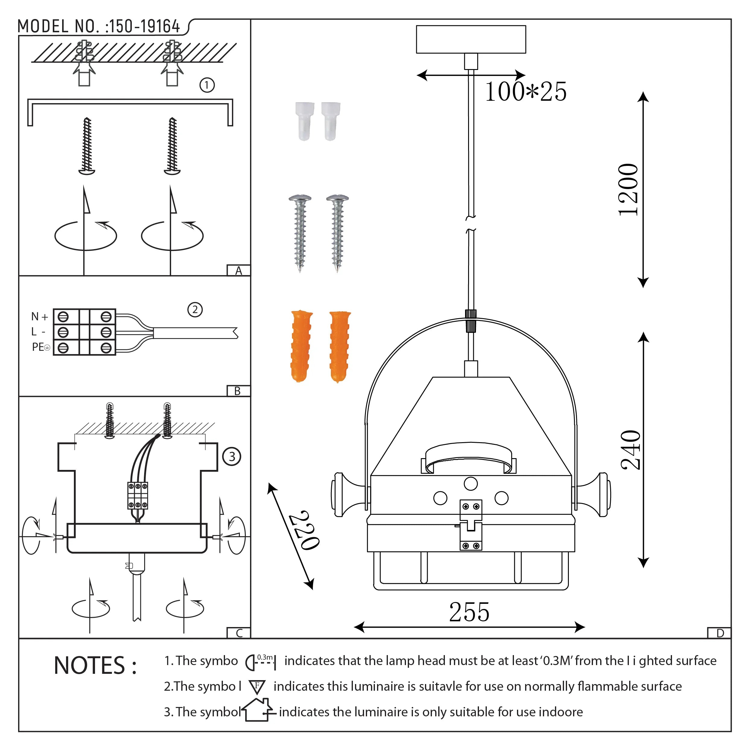 Technical diagram of a pendant light with dimensions. Includes fitting instructions, and safety notes for install.