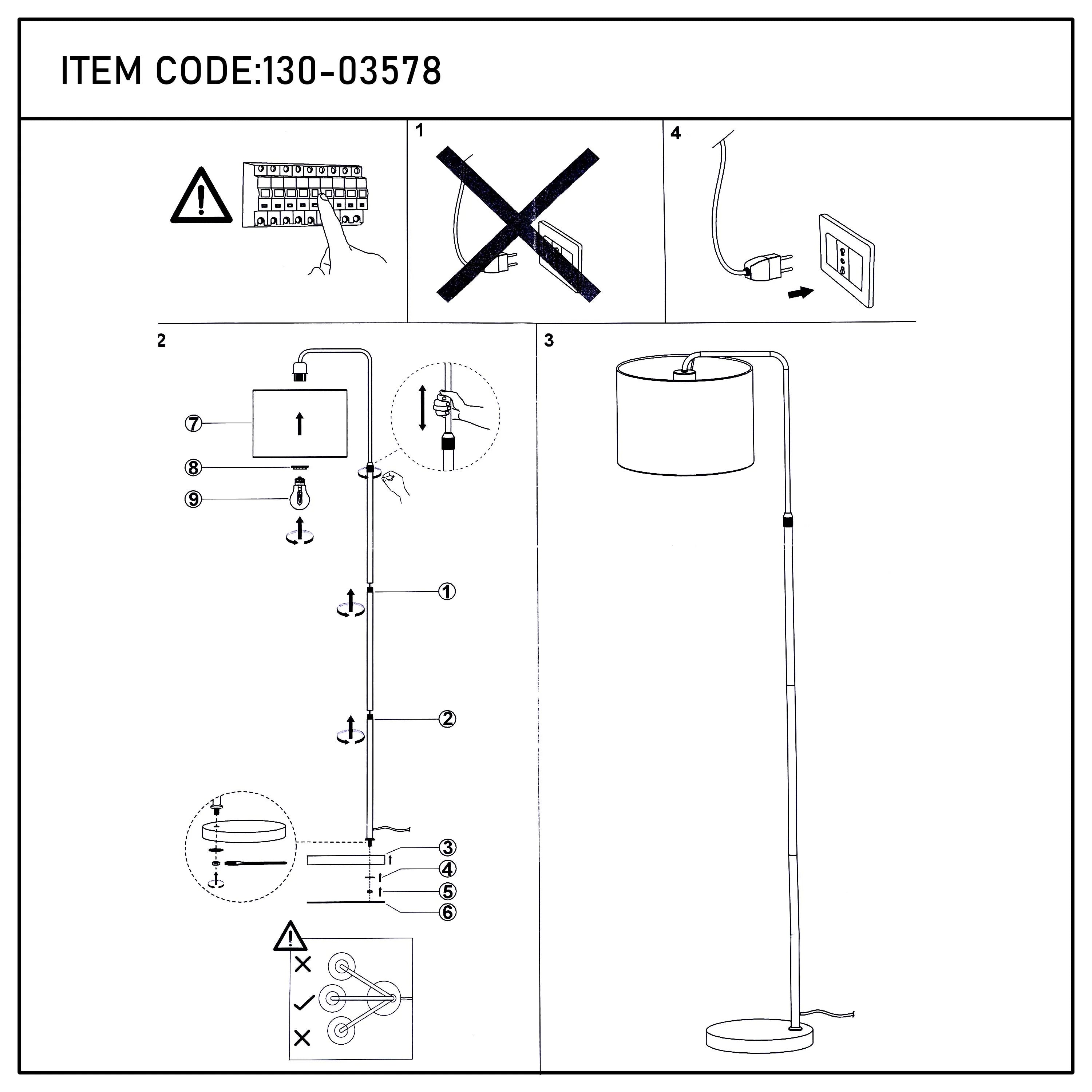 Assembly diagram of a floor lamp, showing the parts and order of assembly. Instructions shown as images and numbered 1-9.