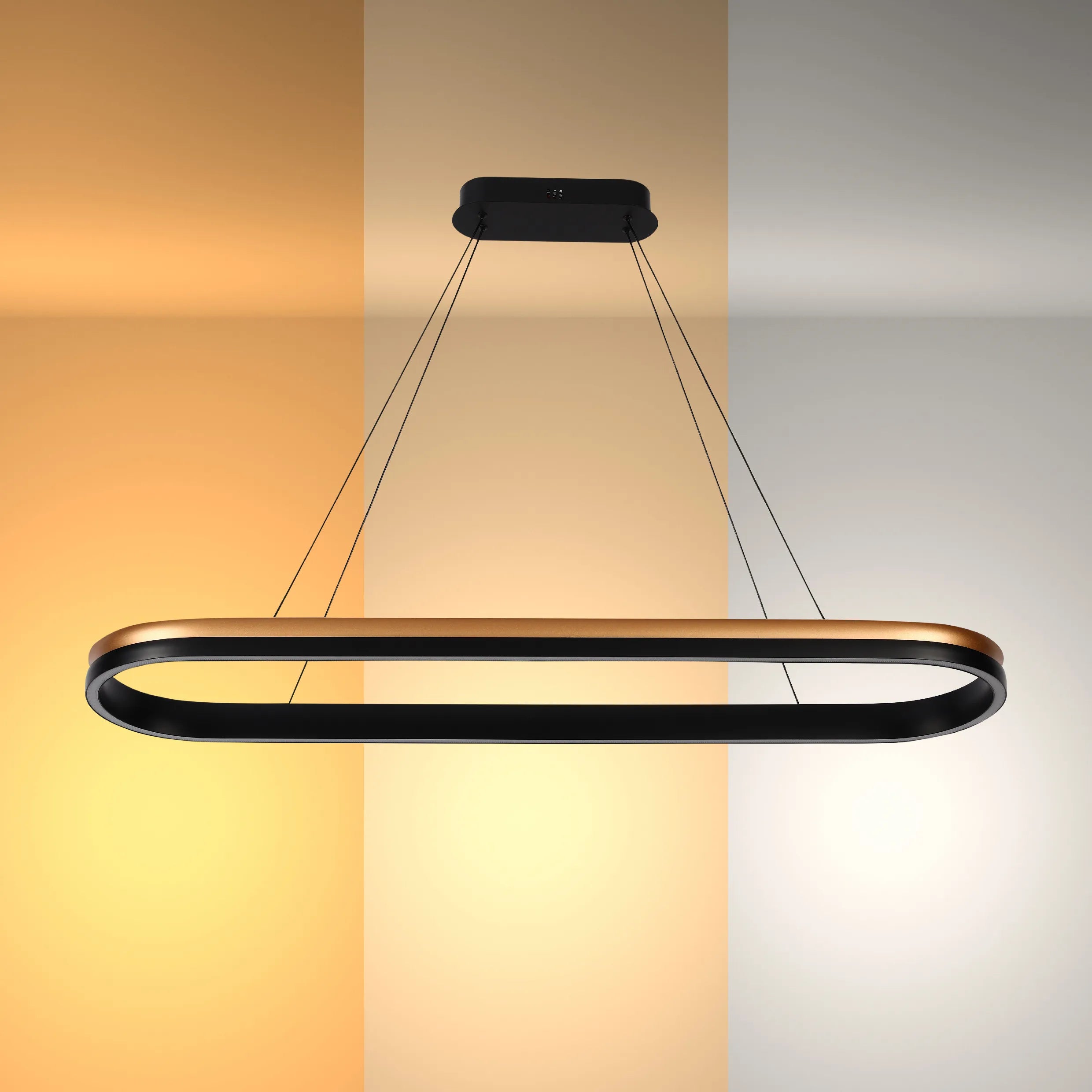 A black and bronze LED pendant light illuminating three different warm white hues.