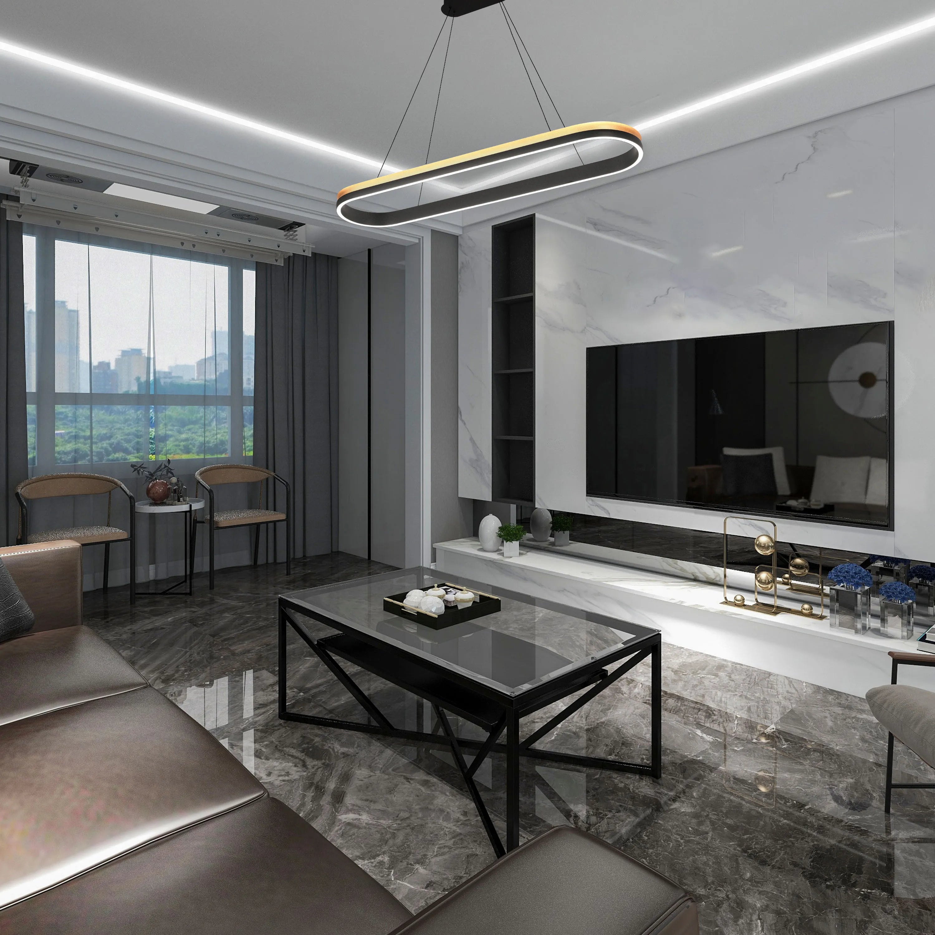 Modern living room with striking oval pendant light, and subtle recessed ceiling lights, creating a bright and stylish ambience.