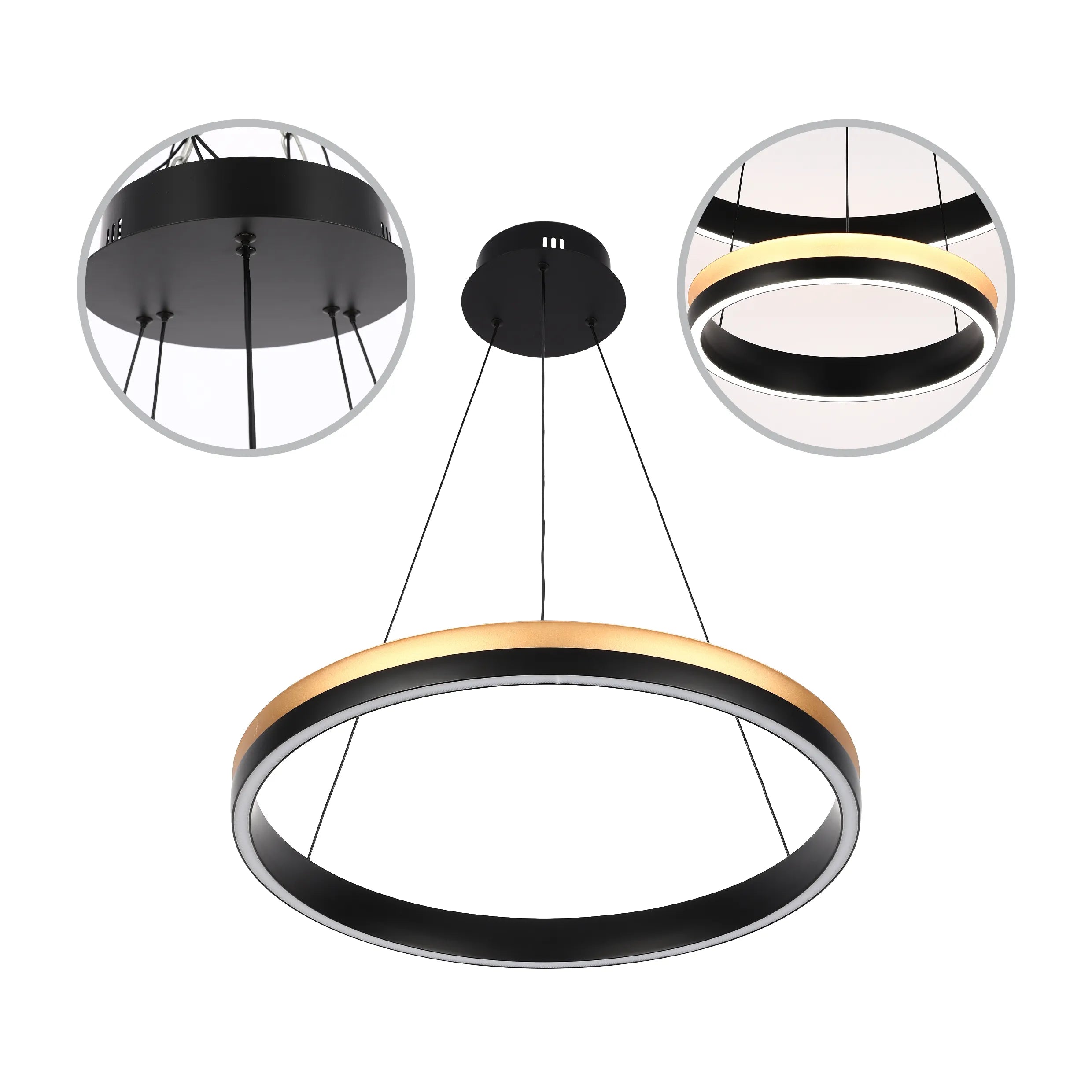 A modern circular pendant light with gold and black accents, suspended by thin cables. Sleek and contemporary design.