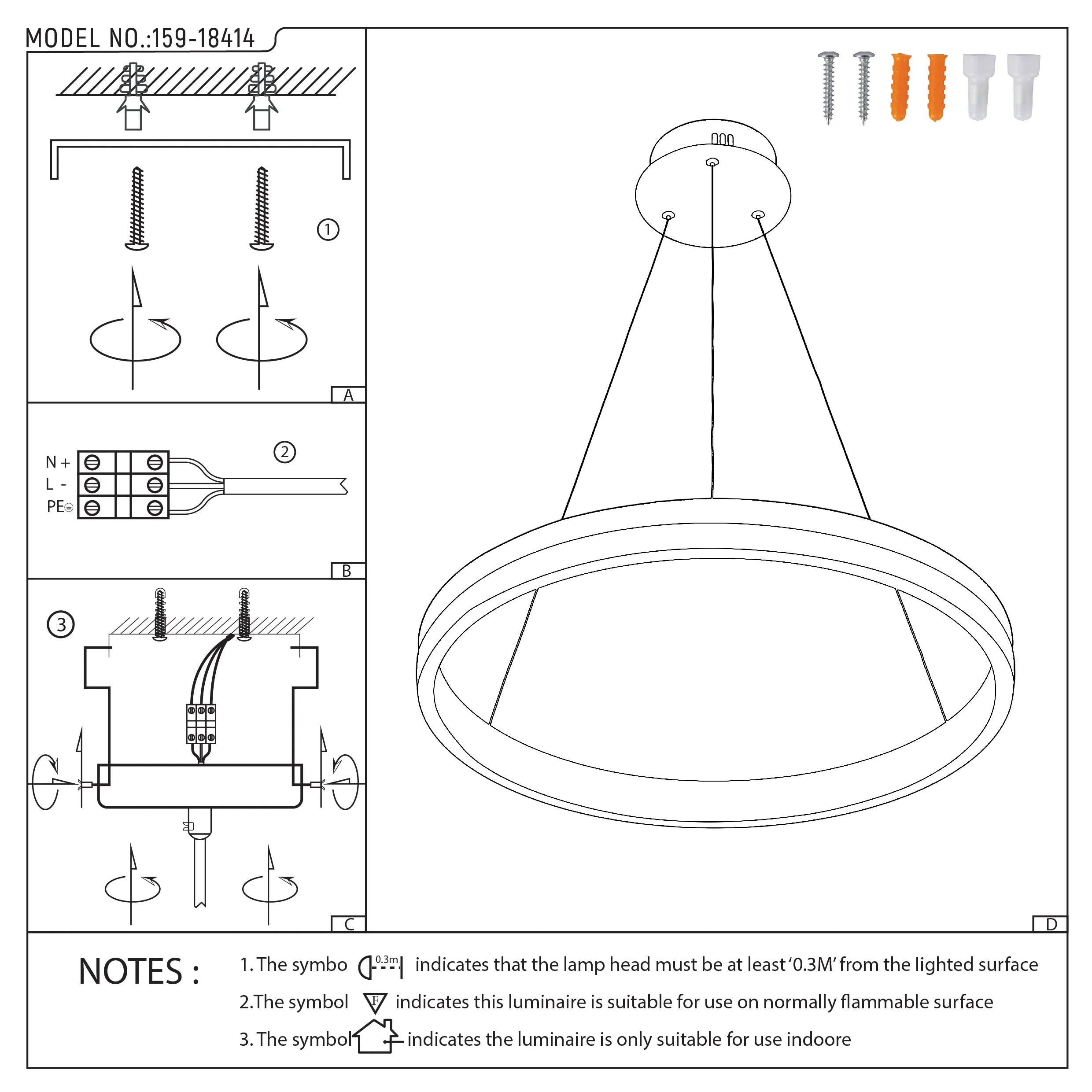 A circular pendant light is displayed in a technical diagram showing how to install the light and safety information.