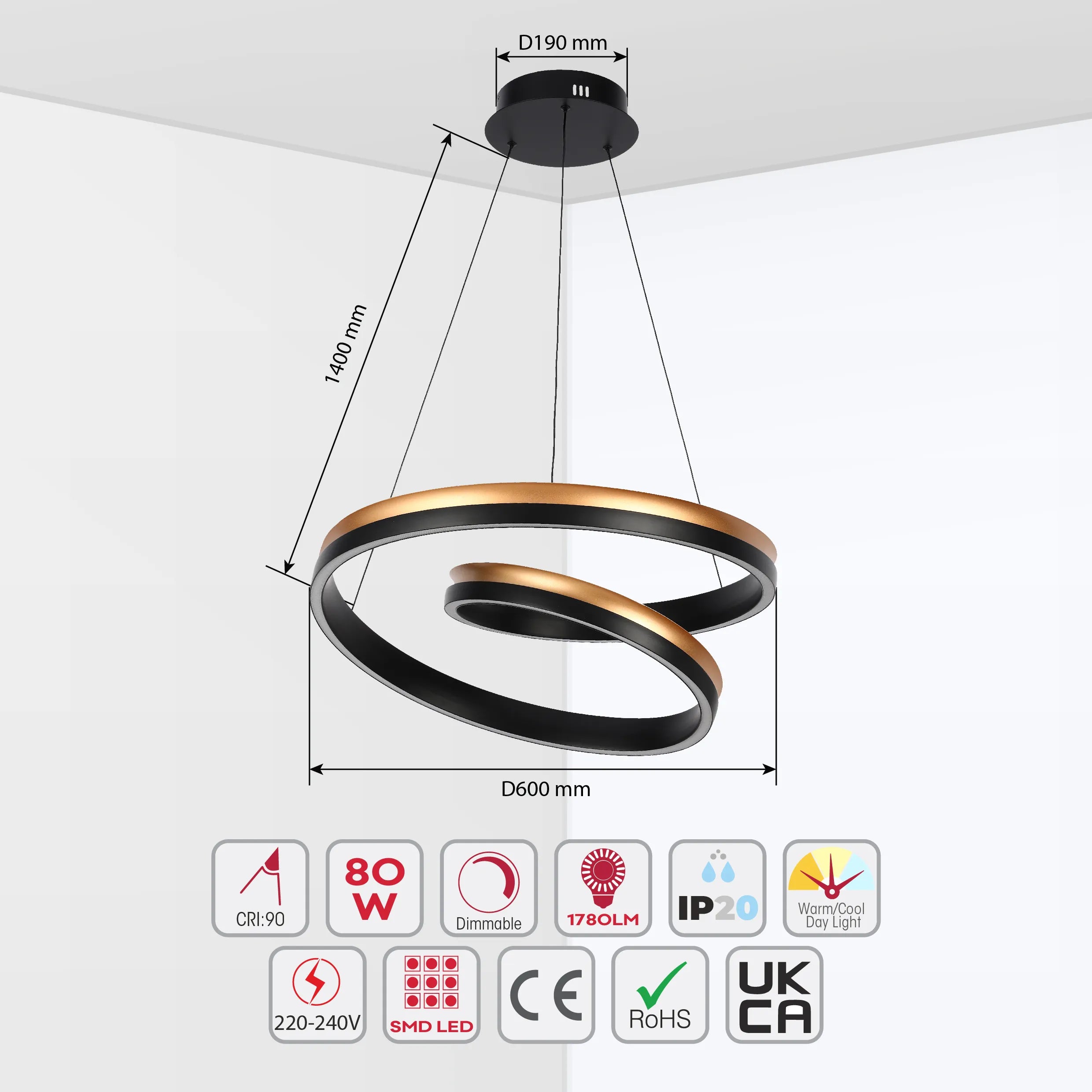 Modern, spiral LED ceiling light in black and gold. Dimmable with warm/cool light options.