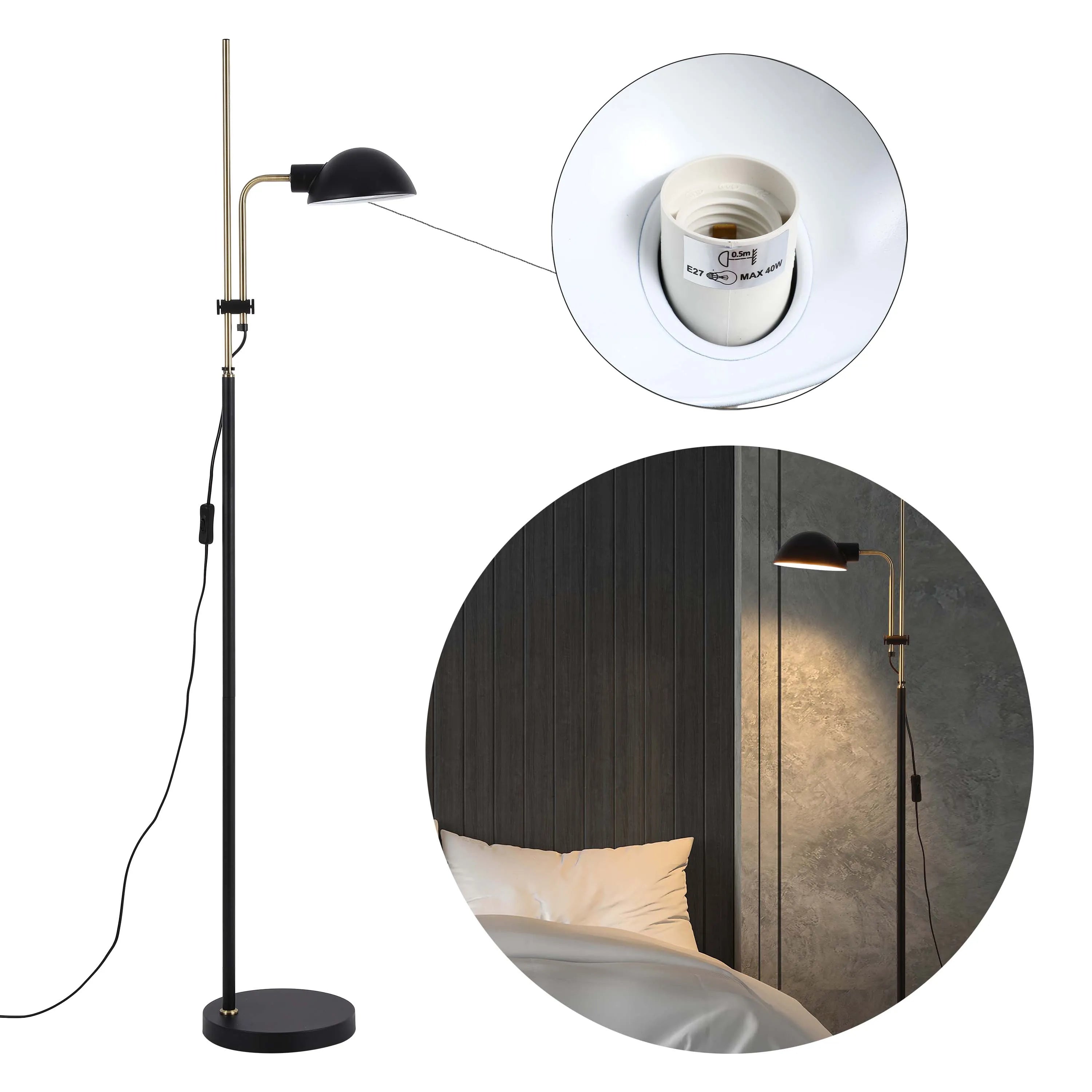 Modern black and gold floor lamp shown in a bedroom. Features a spotlight lamp head and is height adjustable.
