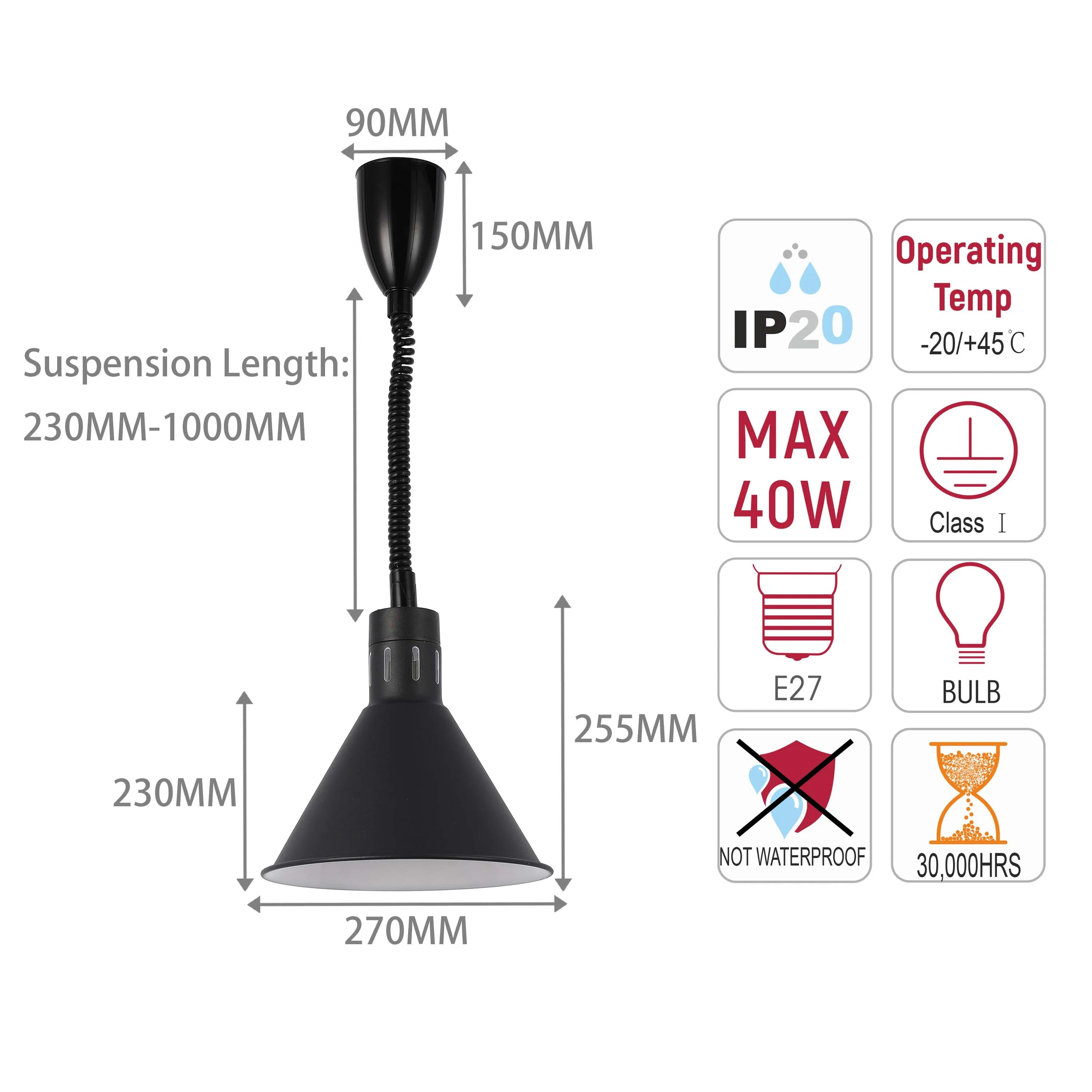 Black pendant light displaying dimensions, temp range, wattage and bulb type. Not waterproof, with 30,000 hour lifespan.