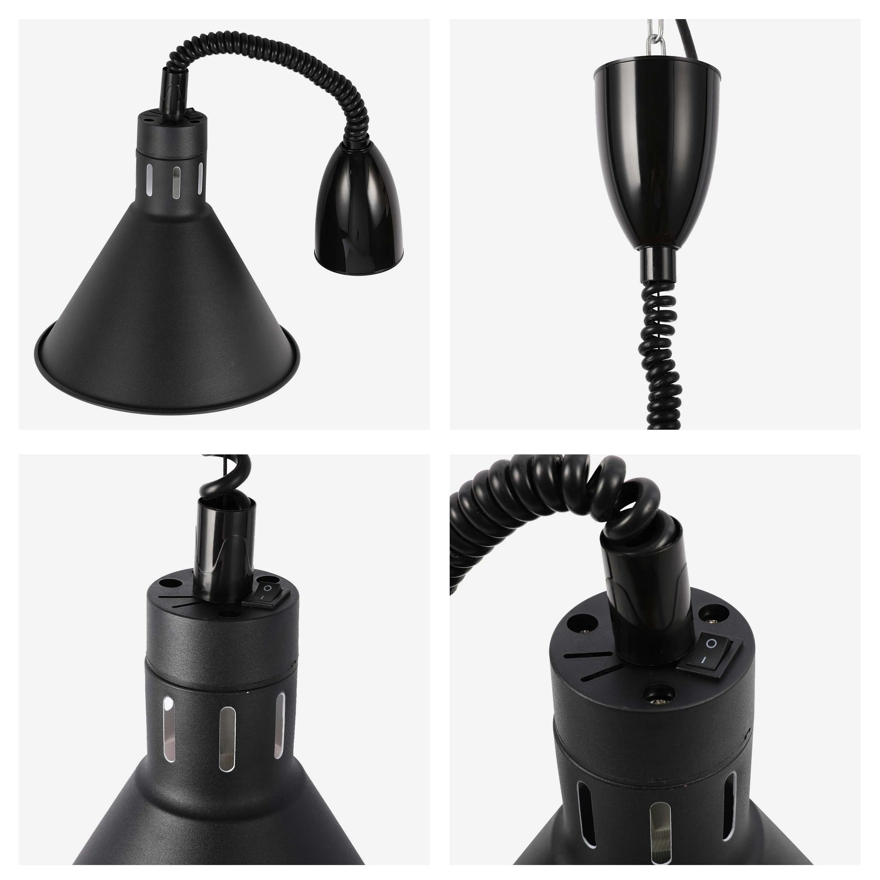 A sleek, matte black pendant lamp with a flexible gooseneck and an adjustable height mechanism for versatile illumination.