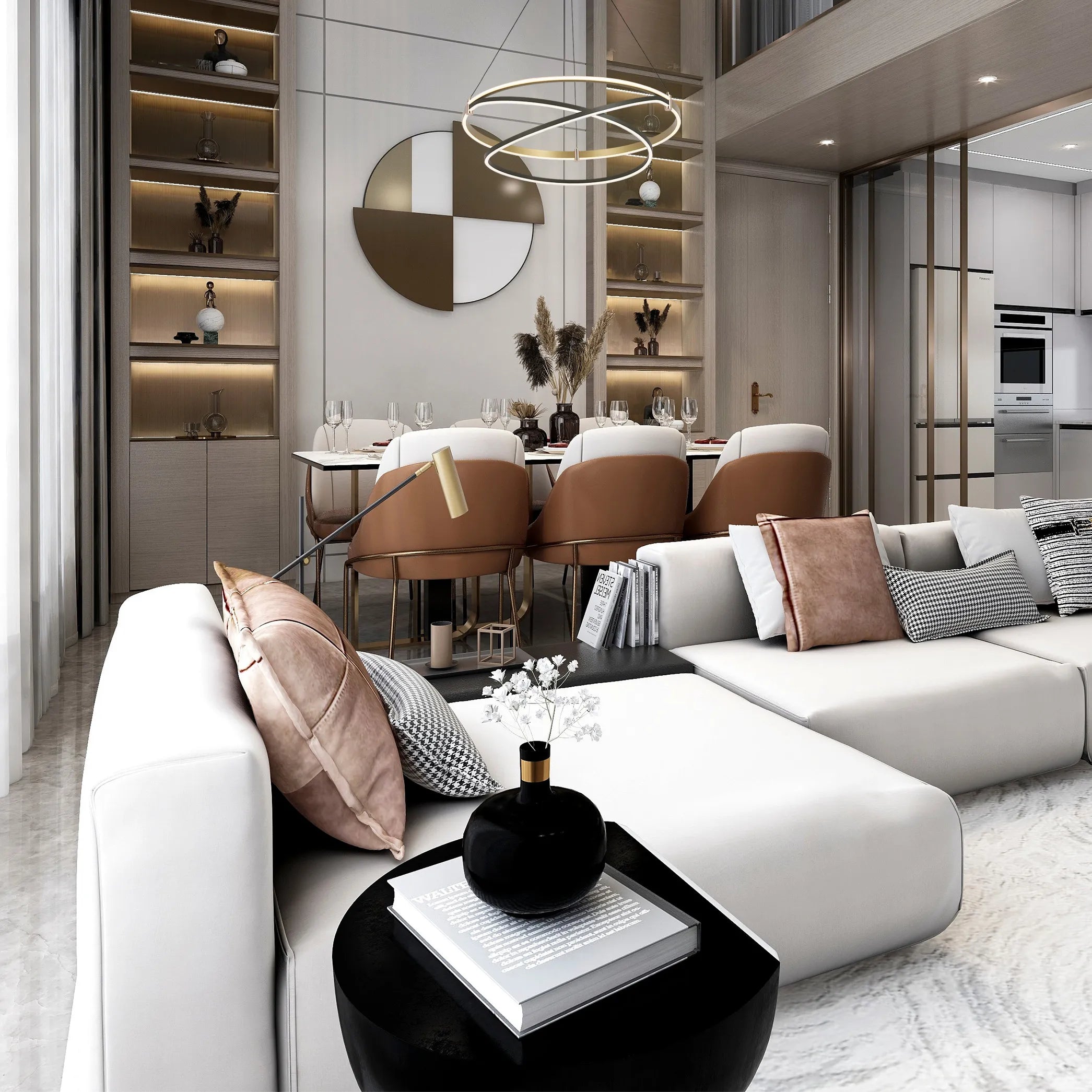 Modern living space with illuminated shelving, ambient round ceiling light and natural light streaming through a window.