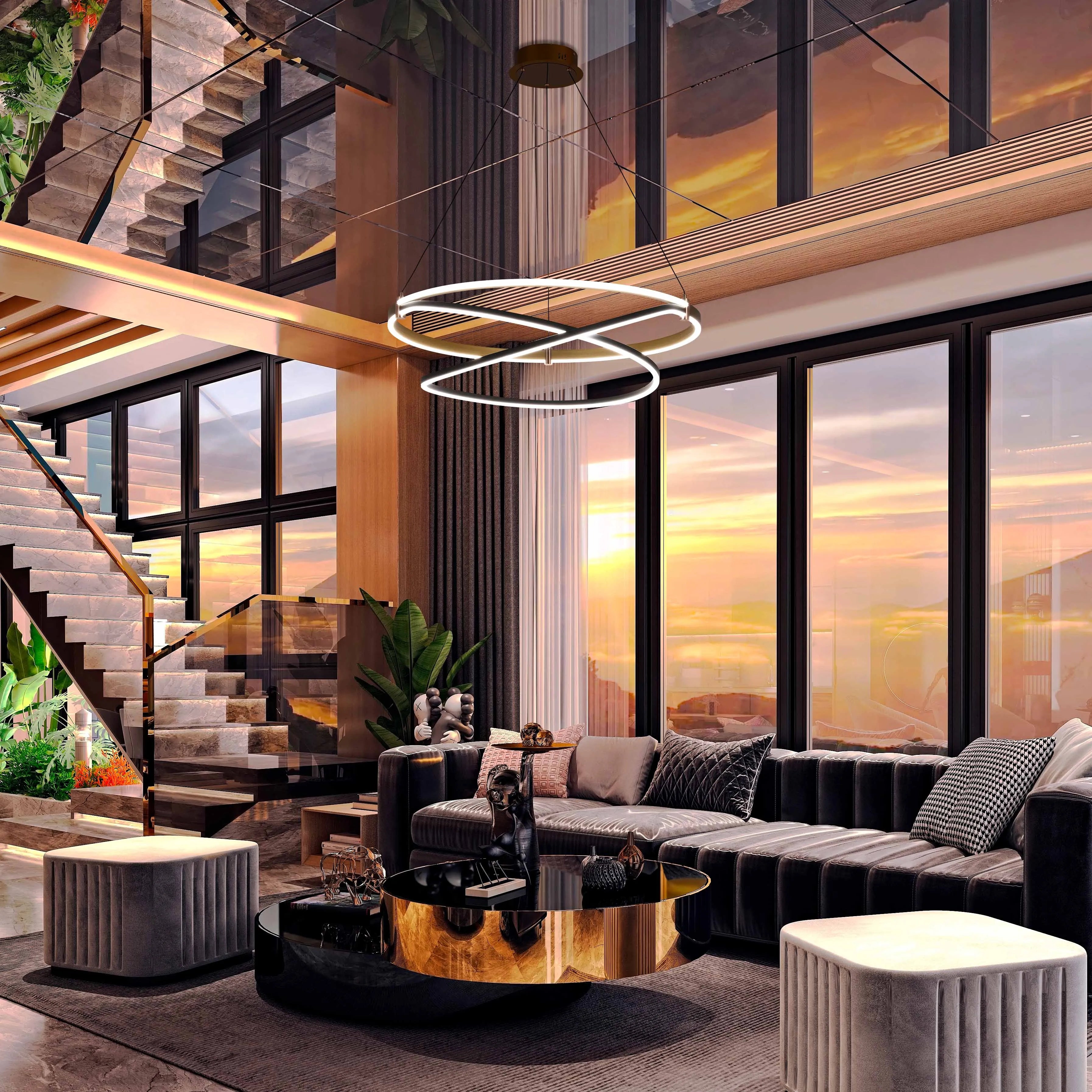 Contemporary lighting featuring a circular chandelier with a metallic finish, creating a modern and luxurious ambiance.