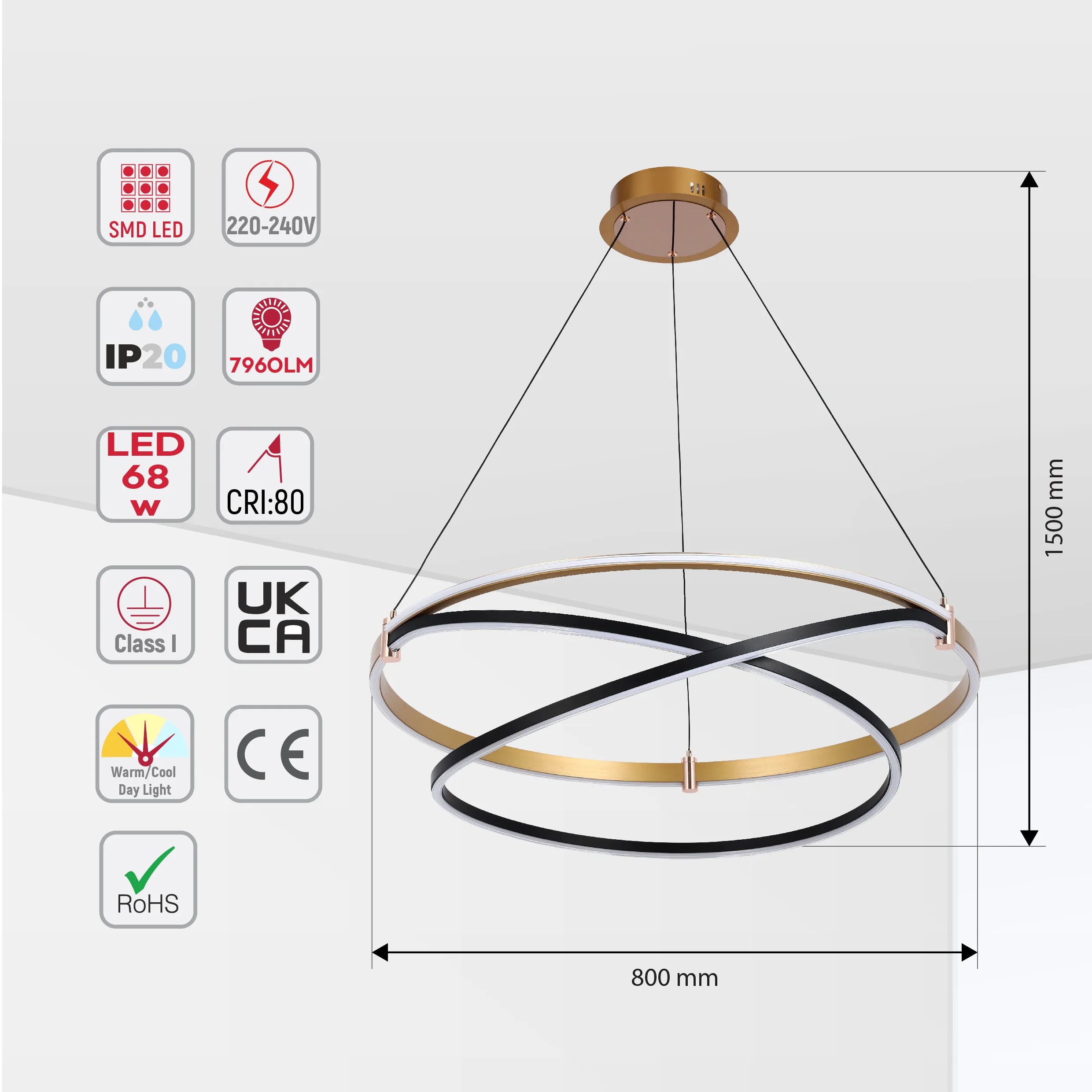 A modern, ring-shaped LED ceiling light with gold, white and black finishes. It is 800mm wide and has a drop of 1500mm.