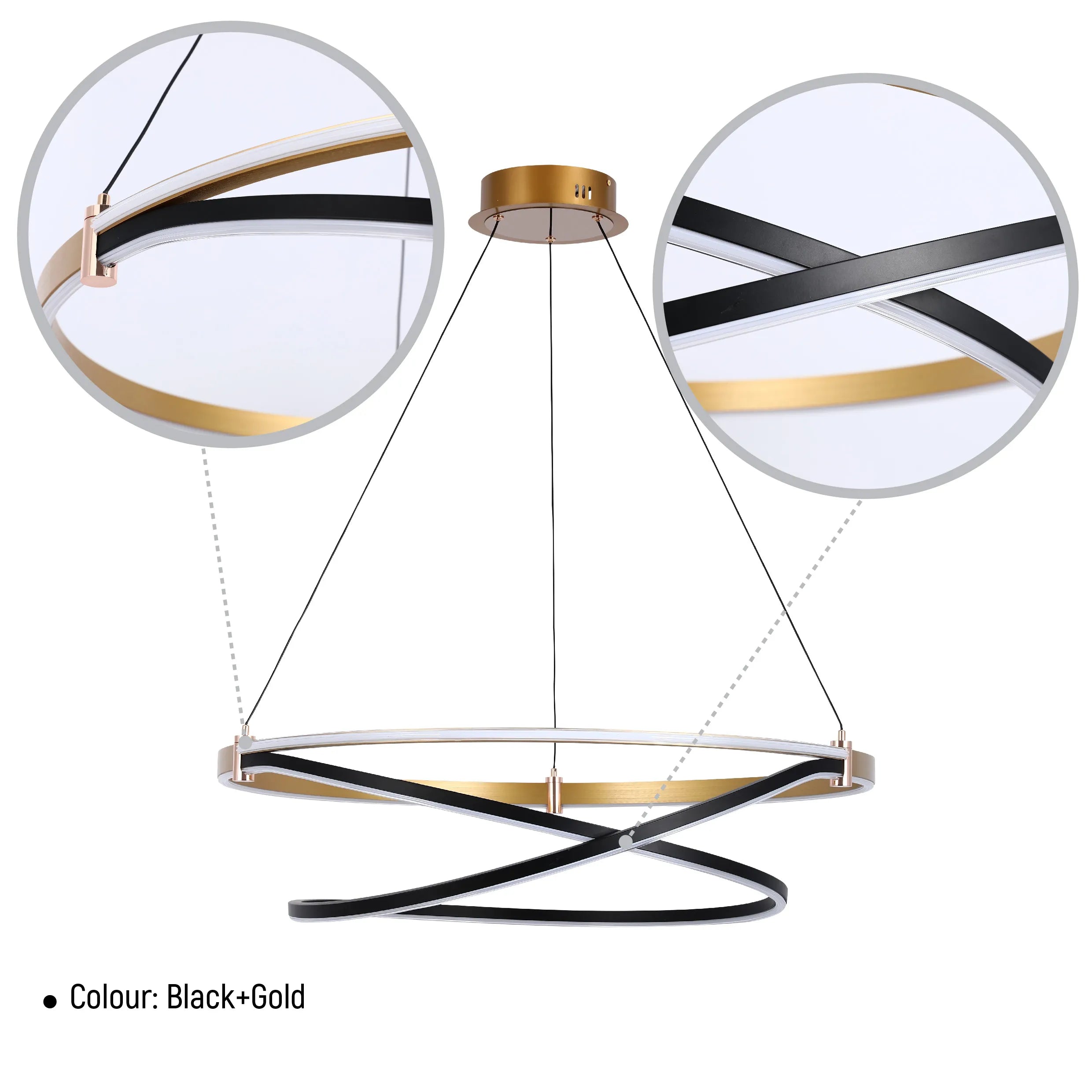 A black and gold LED pendant light with a circular design. Modern and eye-catching feature lighting.