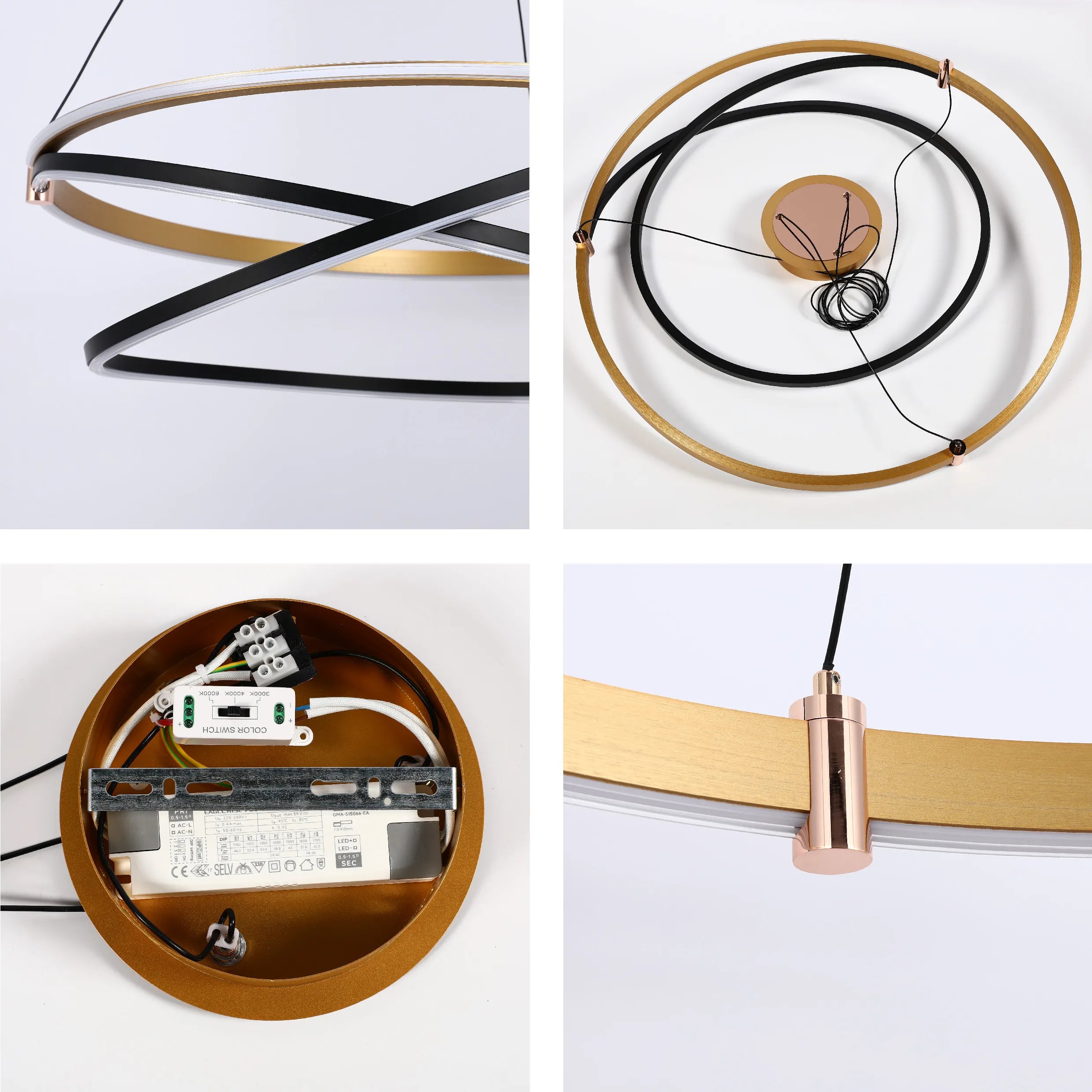 A modern, circular pendant light with gold, black and white rings. The light fixture has a minimalist and contemporary design.
