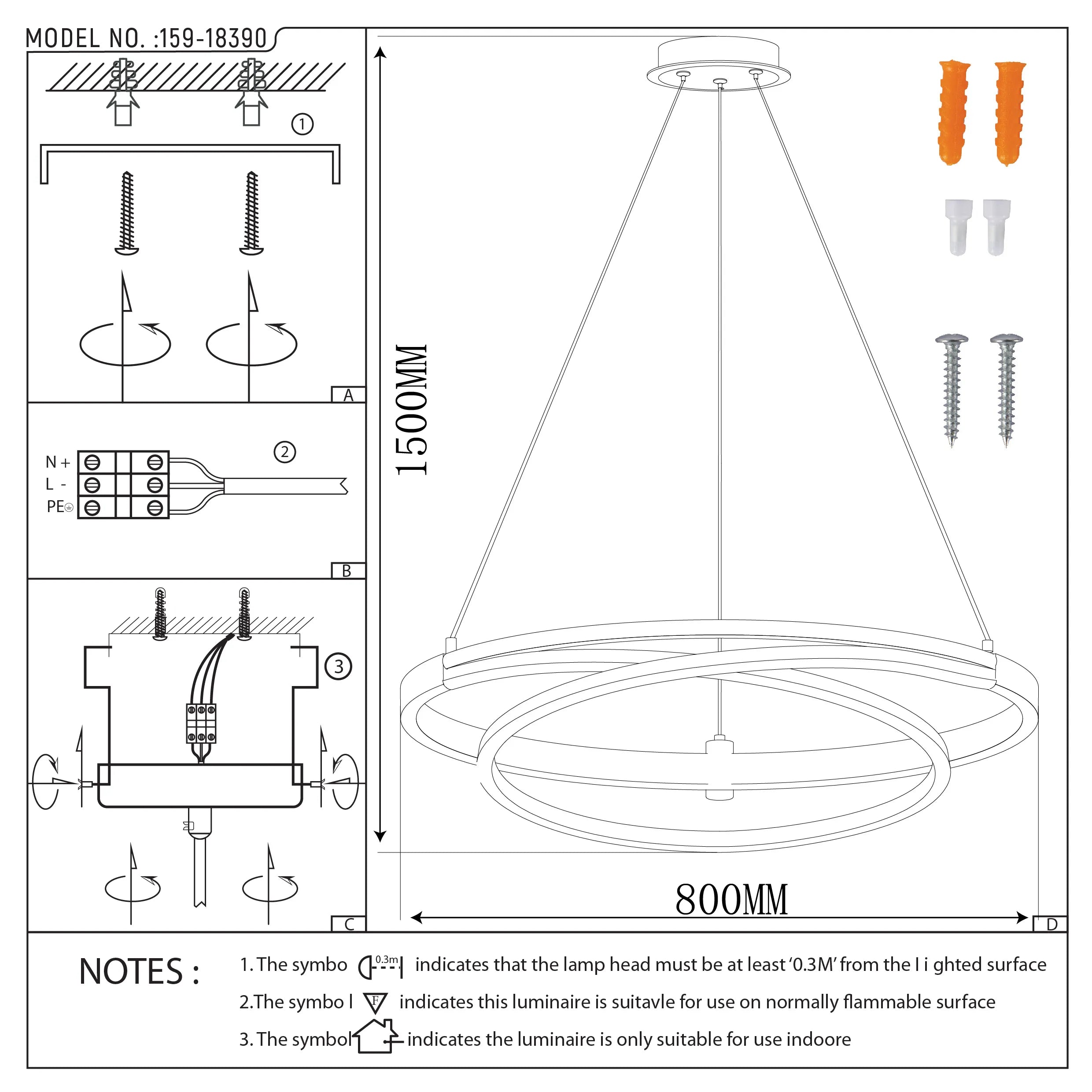 A modern circular LED pendant light design is on display in this technical drawing. Dimensions shown.