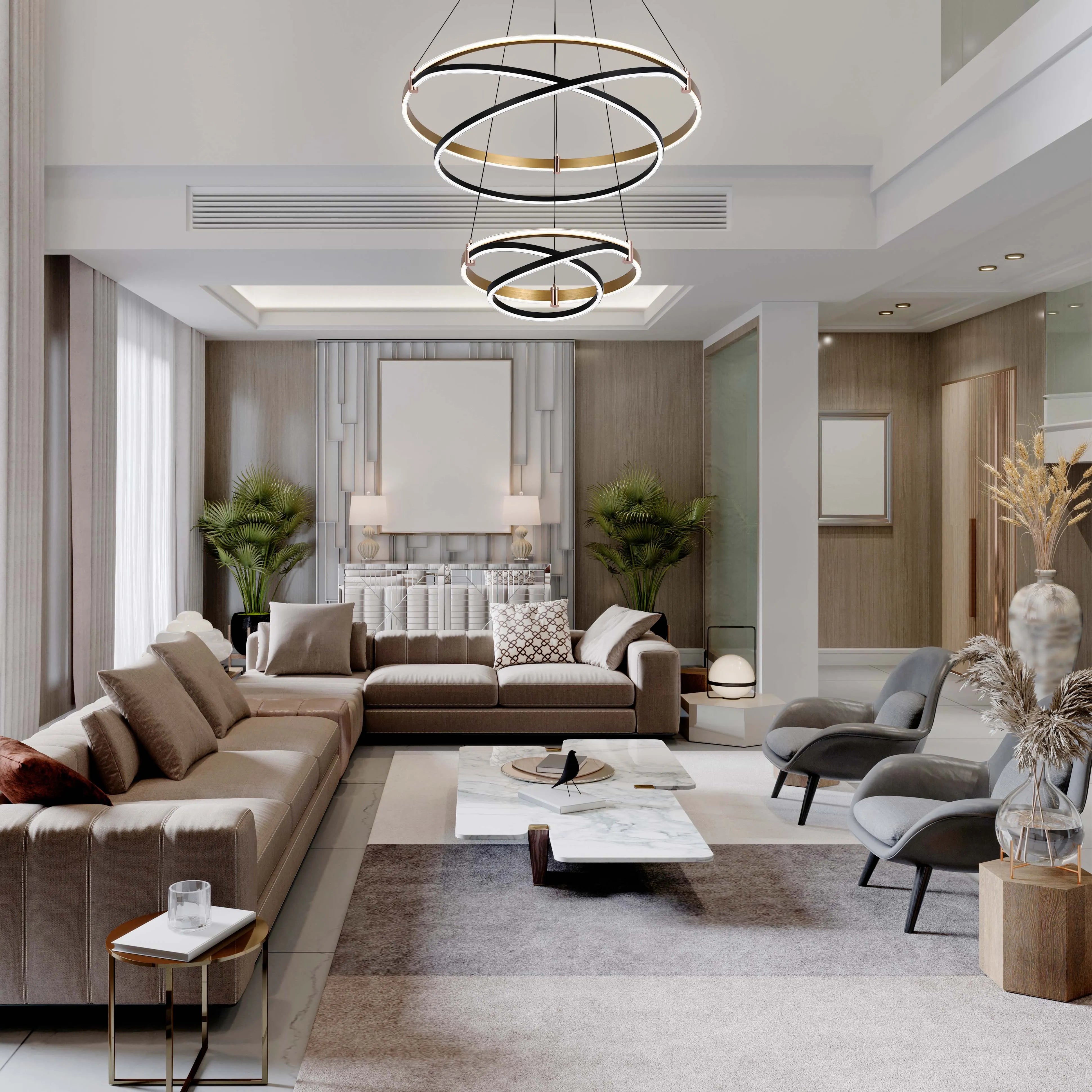 Statement lighting: modern circular chandeliers illuminate this stylish living room. A warm and inviting space with ambient lighting.