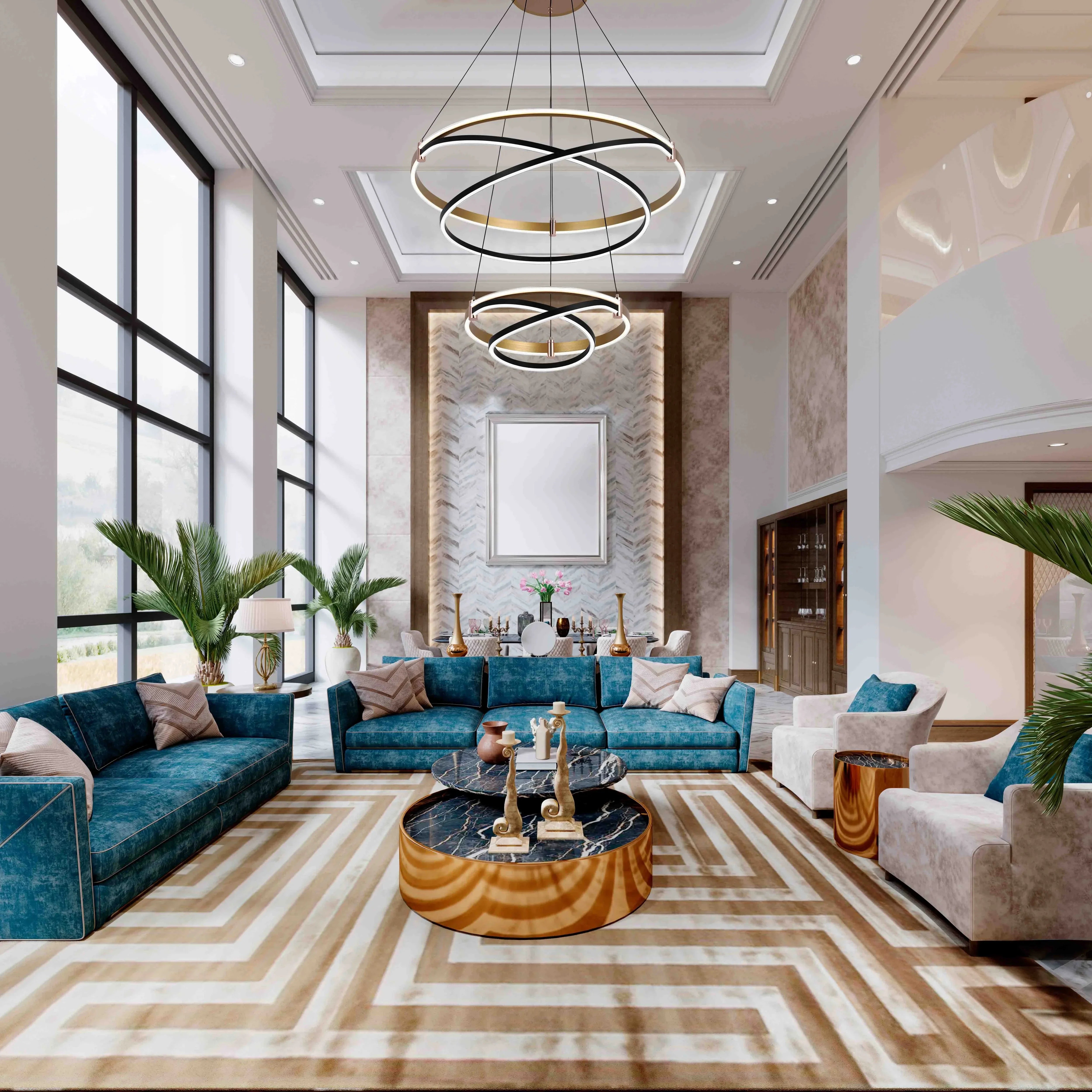 A luxurious living room features striking ring chandeliers, adding a modern and elegant touch to the space with a warm, ambient glow.
