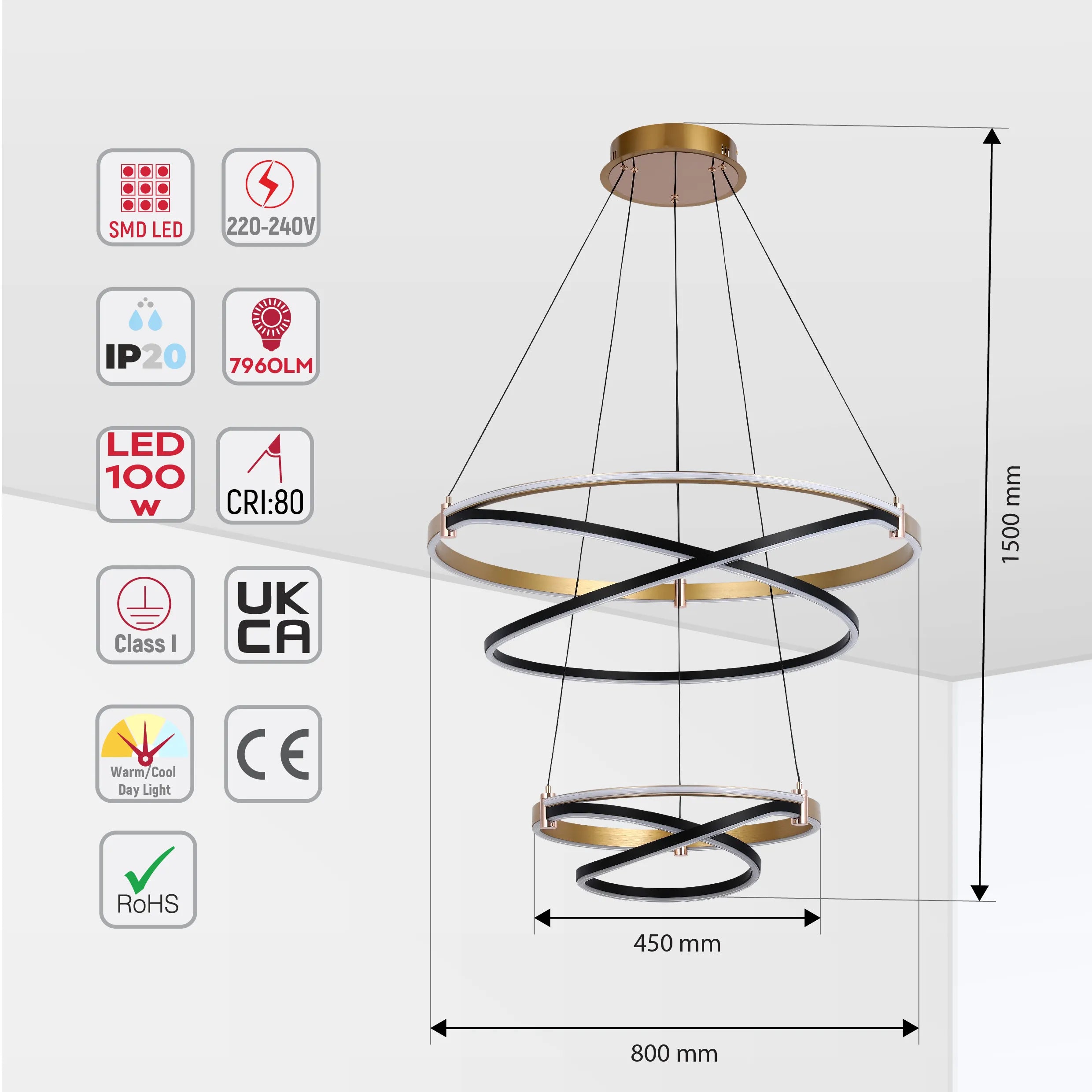 A modern, circular LED pendant light with gold and black accents. Displays dimensions and energy efficiency ratings.