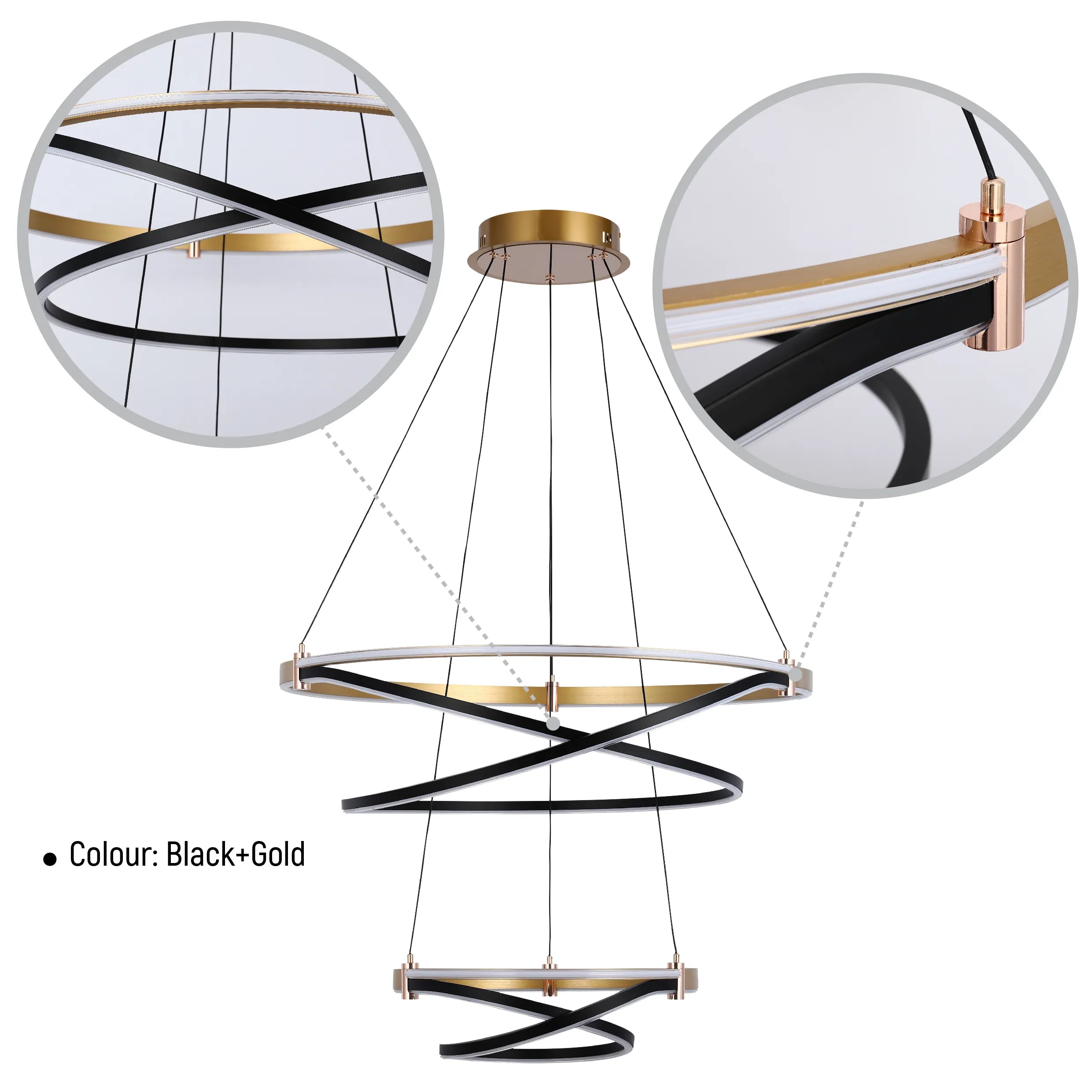 Modern black and gold LED pendant light, with three spiralling ring fixtures suspended by black cables.