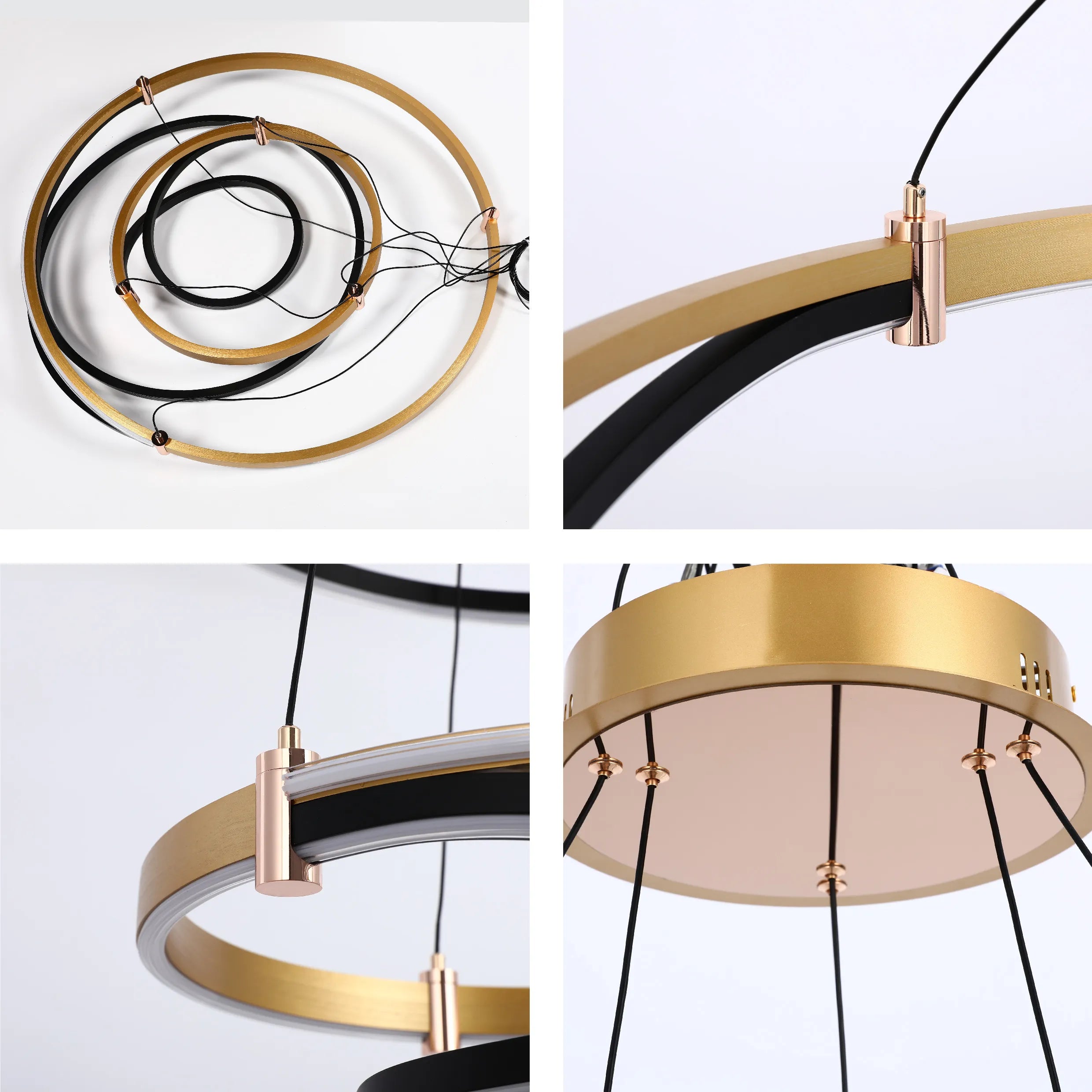 Modern LED pendant light with black cabling, gold bands and rose gold fixtures on white background.