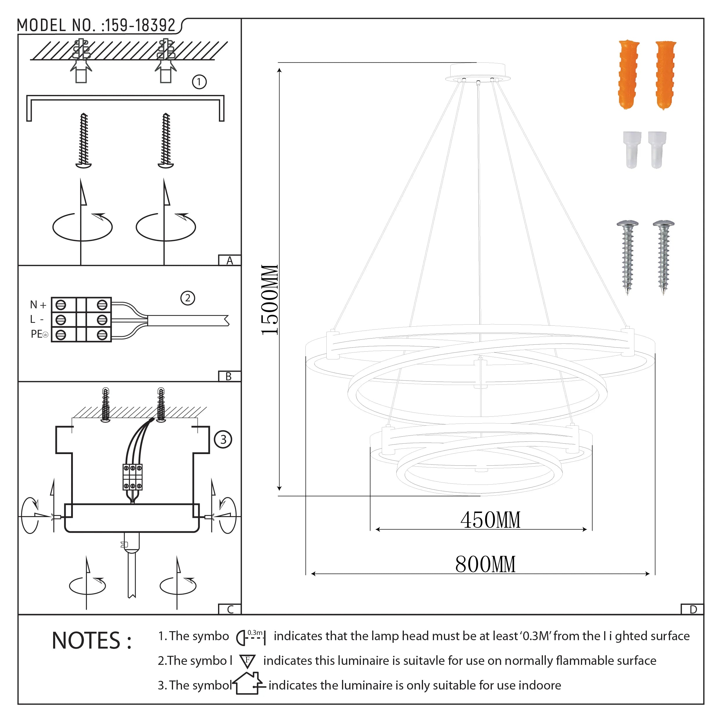 Technical diagram of a modern, round chandelier with measurements: 1500mm height, 450mm inner diameter, and 800mm outer diameter.