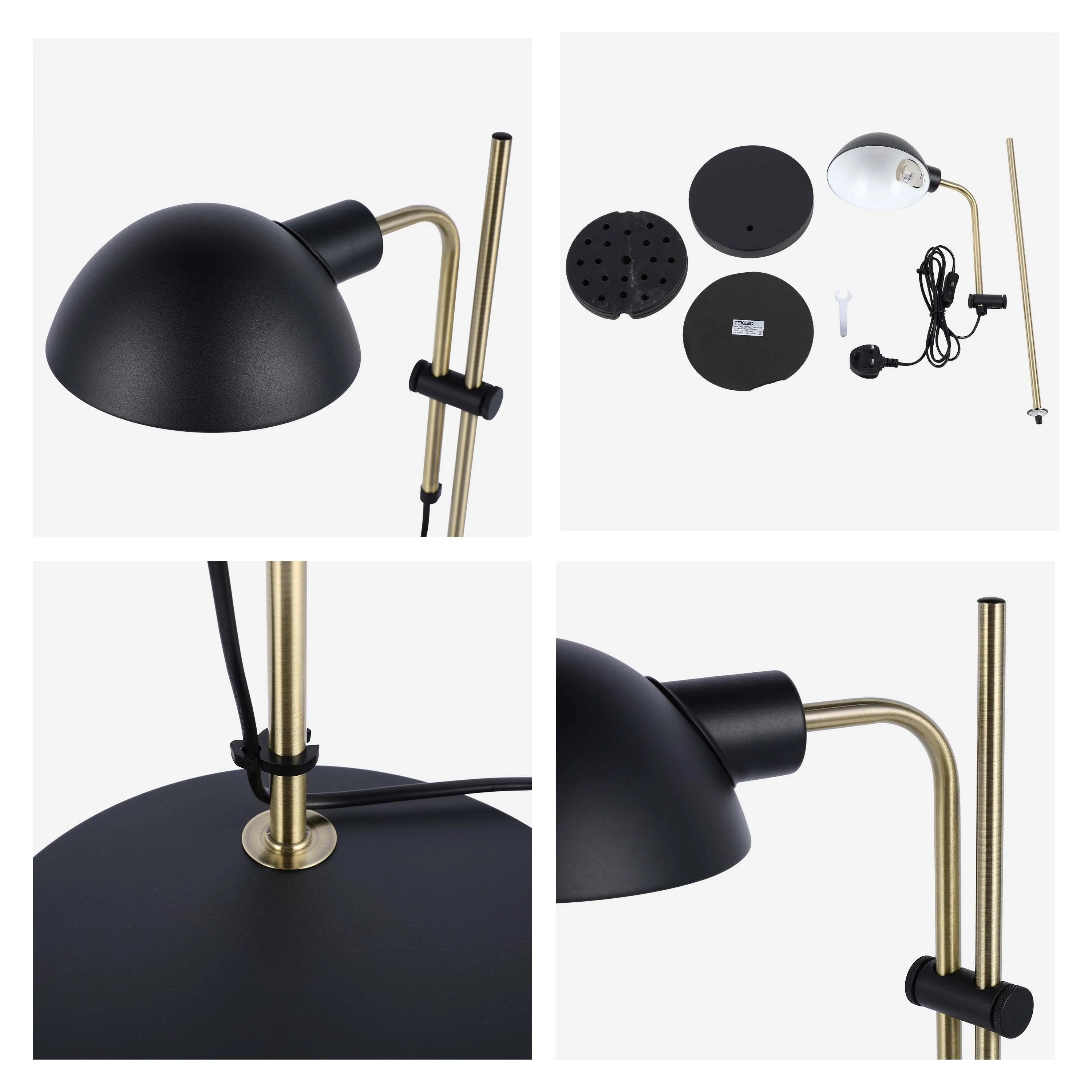 A stylish modern floor lamp. Black shade, gold stem, and round black base. Also shown are assembly components.