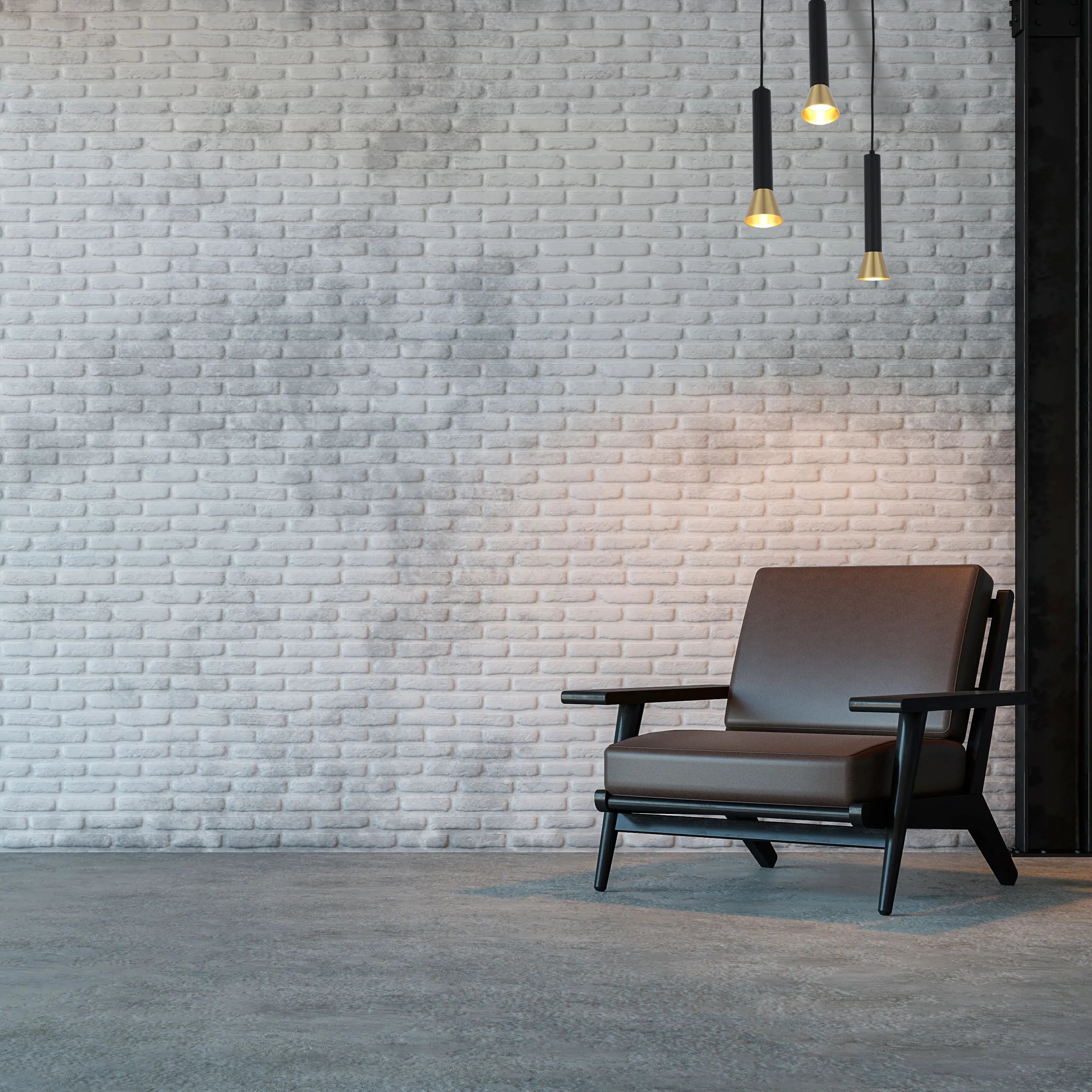 Modern pendant lights with black shades and gold accents hanging above a sleek, brown leather armchair in a stylish room.