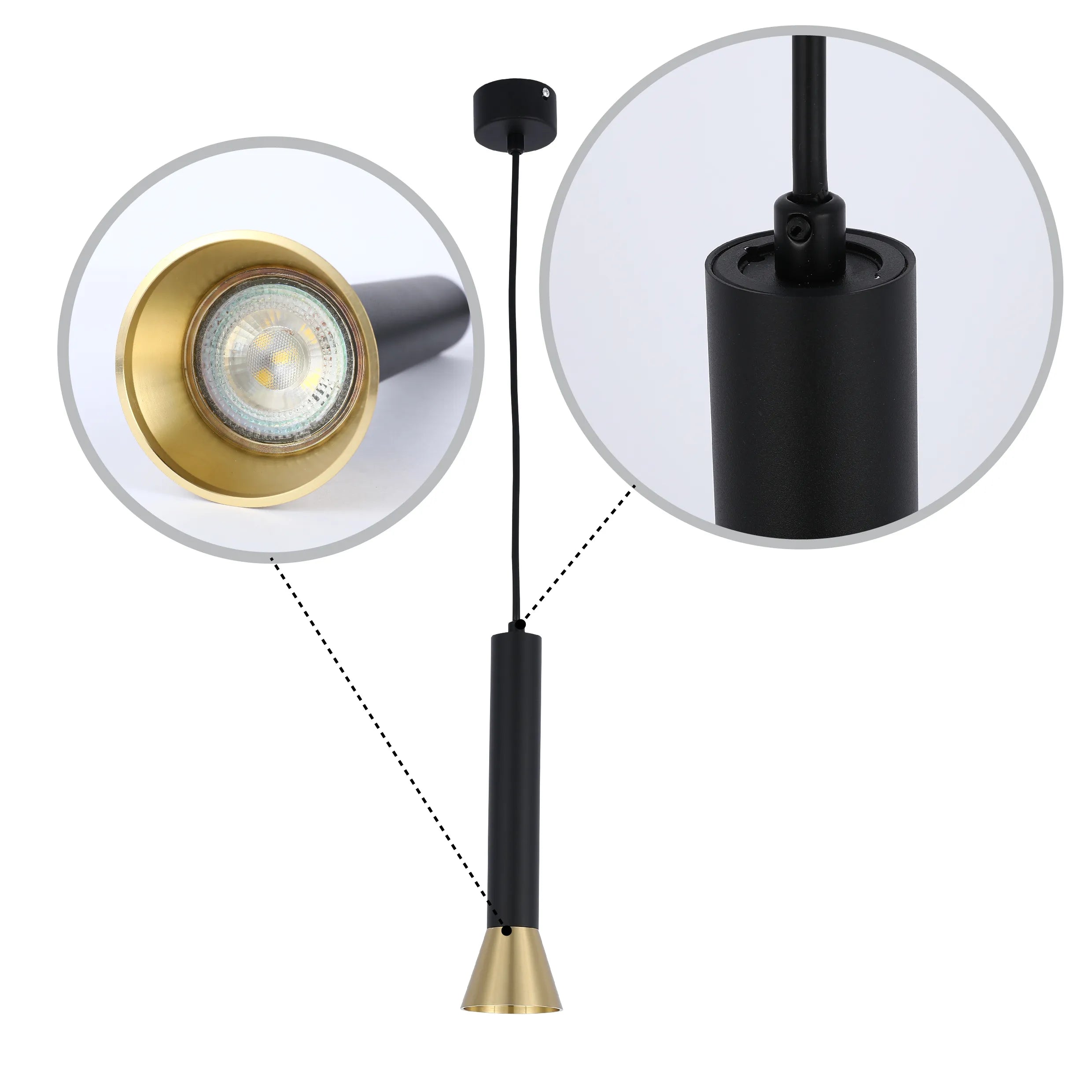 A stylish pendant light in black and gold, perfect for modern interiors. Provides focused downlighting.