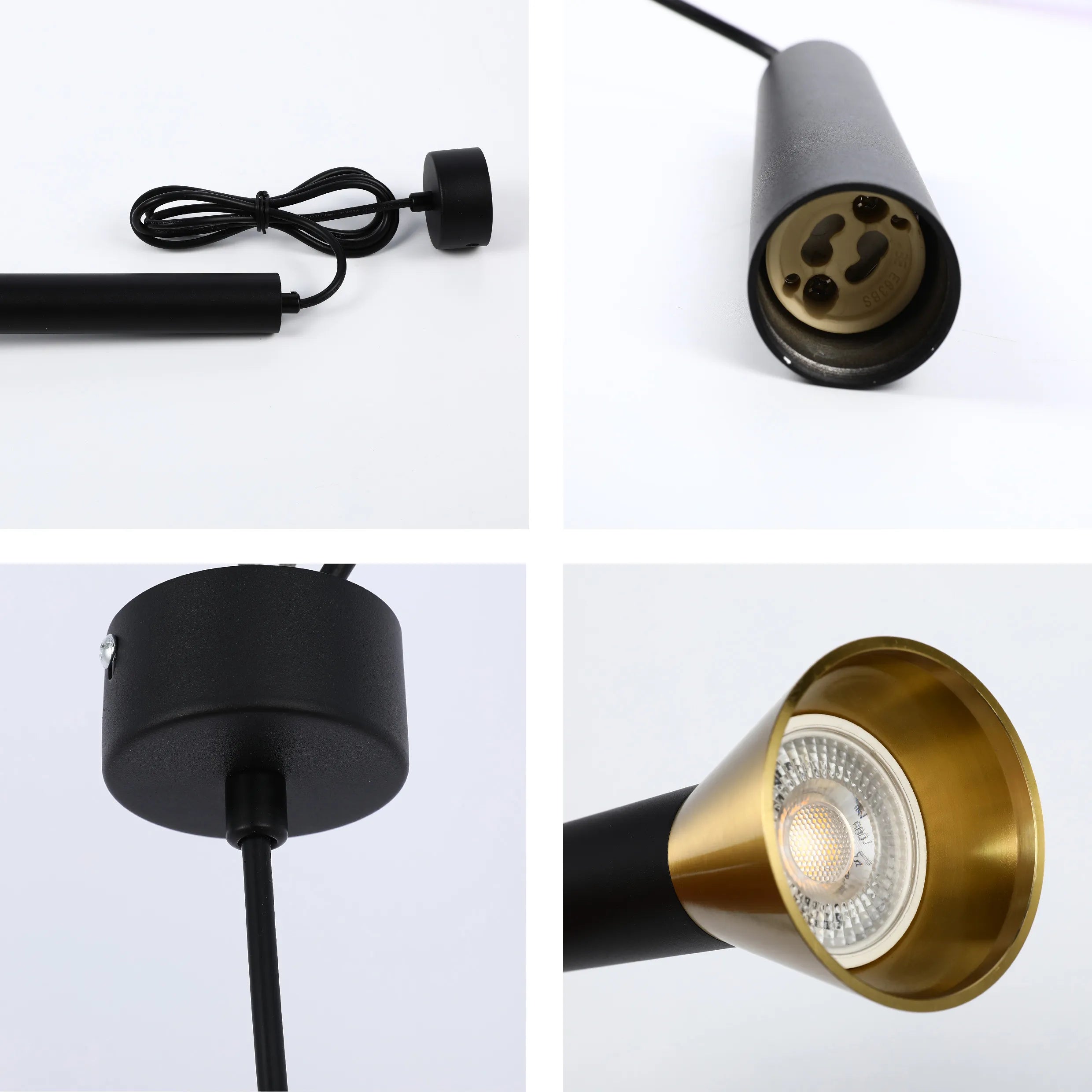 Close-up of a modern black and gold pendant light, showing the bulb, socket, and ceiling fixture details.