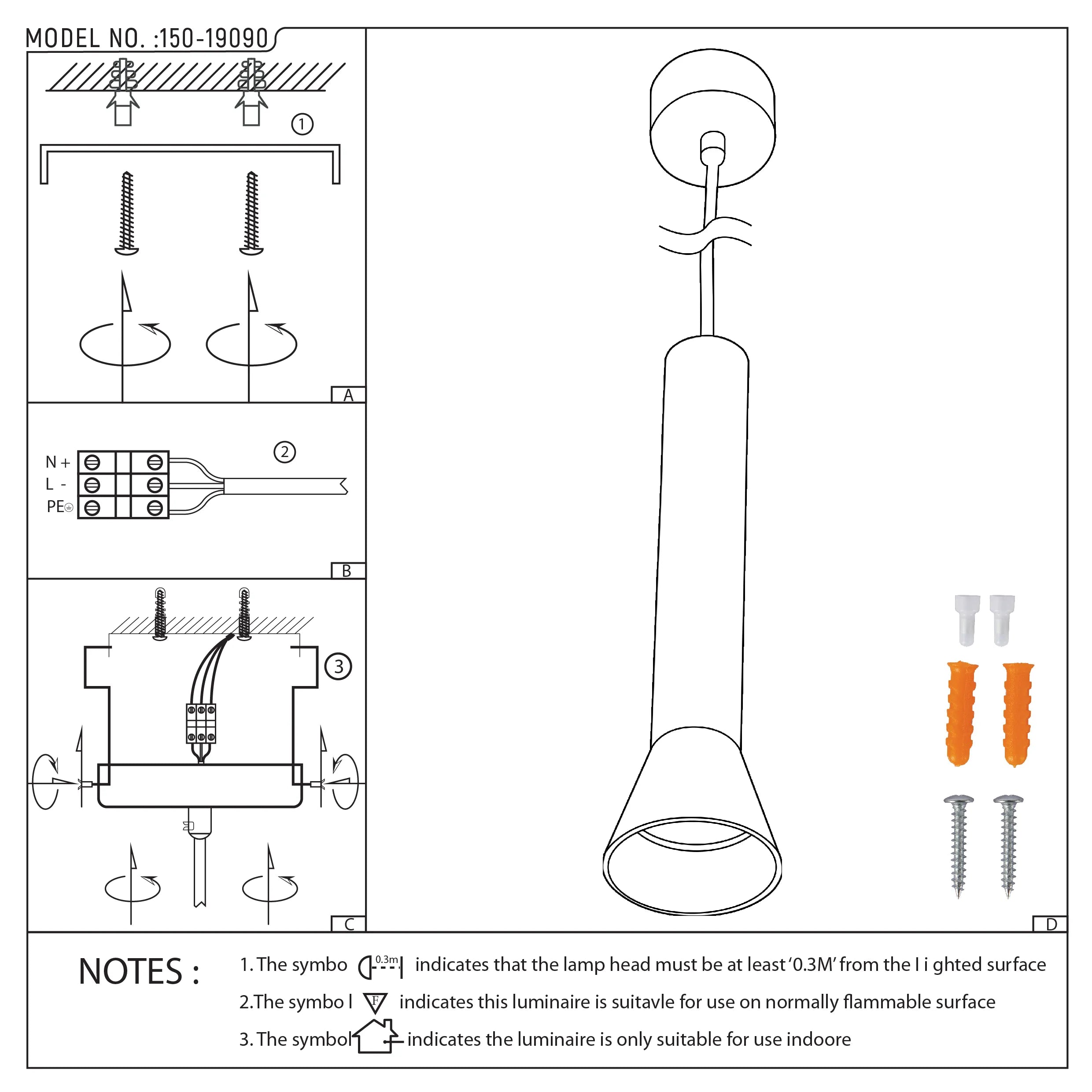 A diagram showing how to install the pendant light. It also has a list of safety notes regarding the use of the light.
