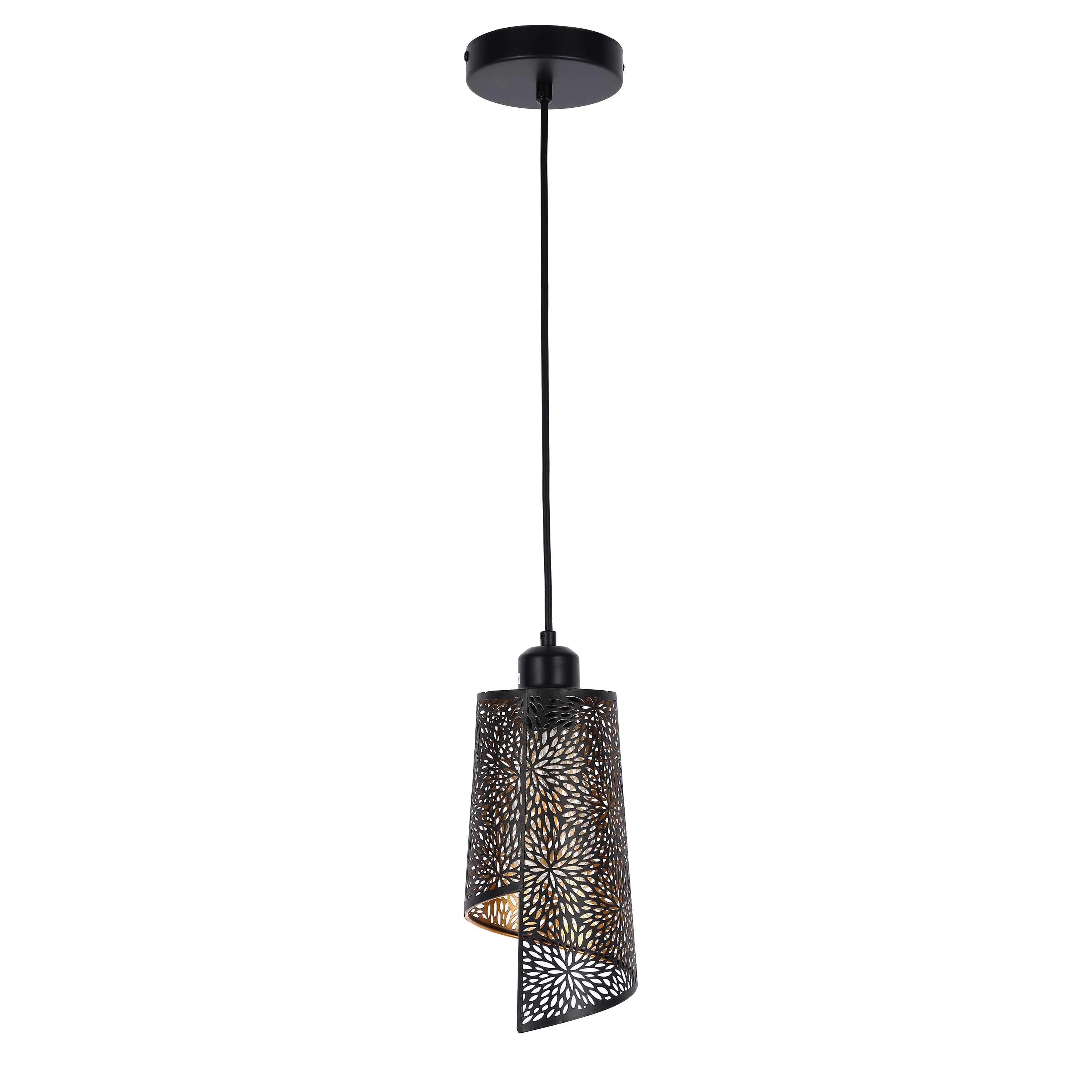 A modern, black floral-cutout pendant light with an exposed bulb, creating warm, ambient light. Perfect for adding style to any room.