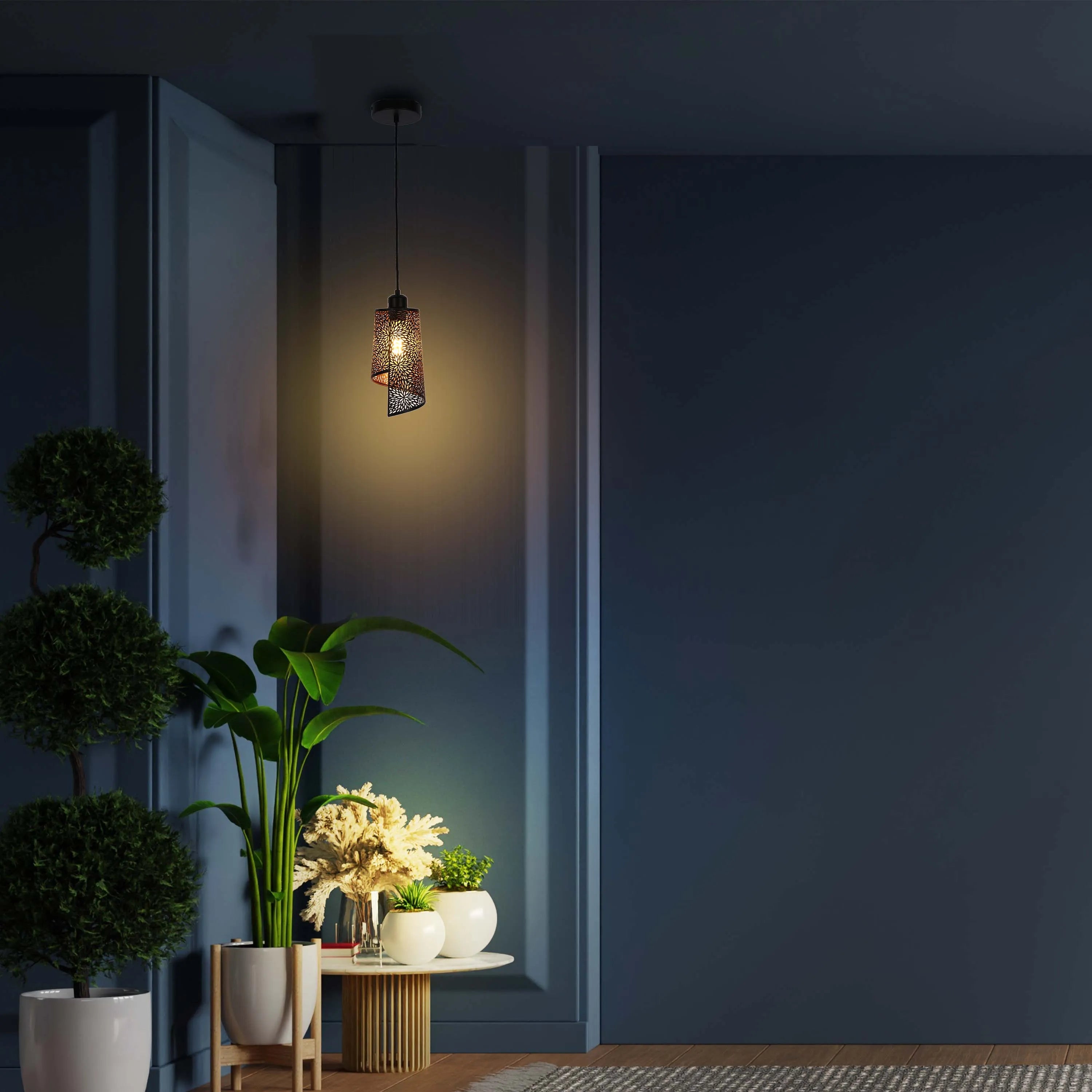 Modern pendant light casts a warm glow amidst the rich, dark blue interior, accentuating plants and table decorations.