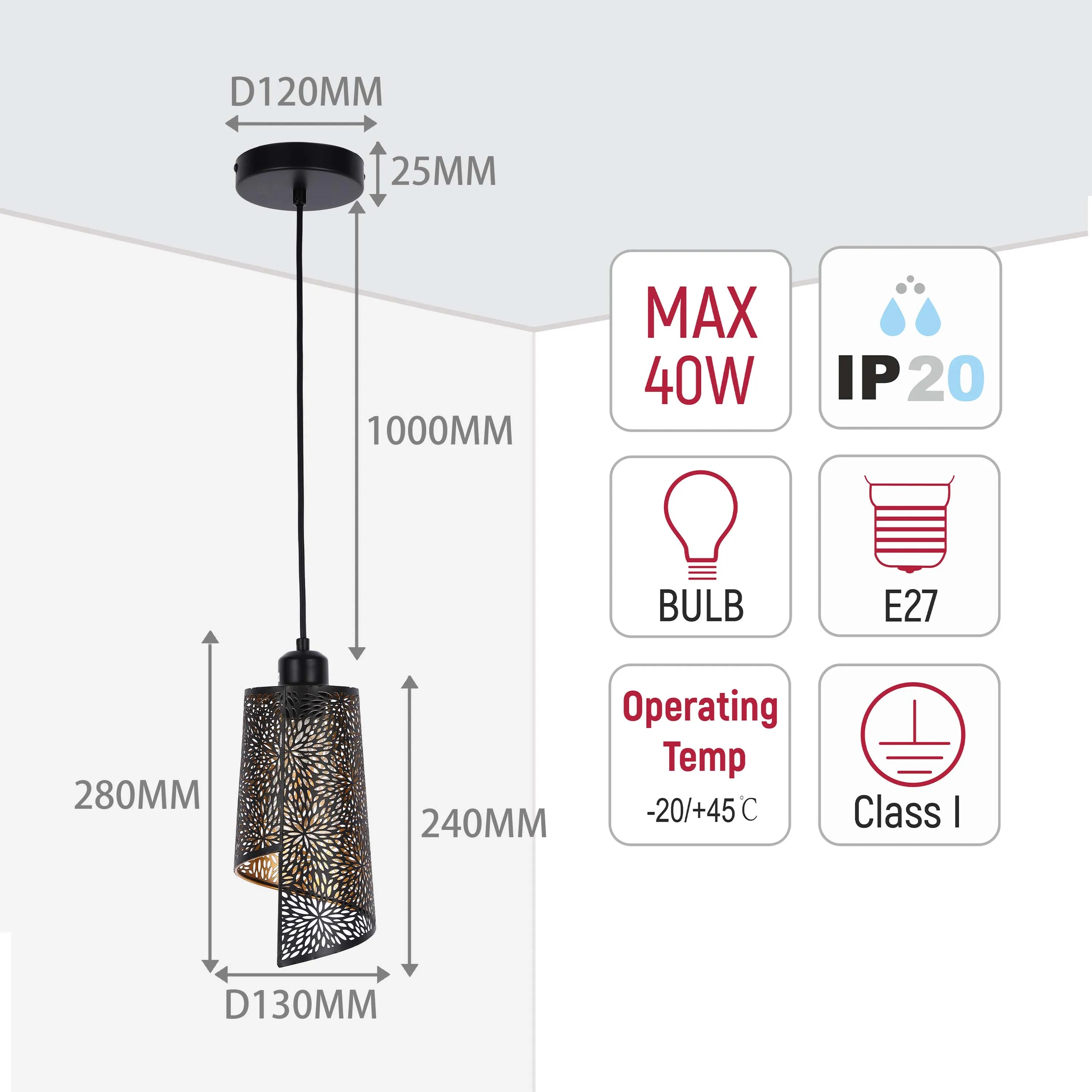 Pendant light specifications showing the measurements, bulb type, wattage, and operating temperature of the light.