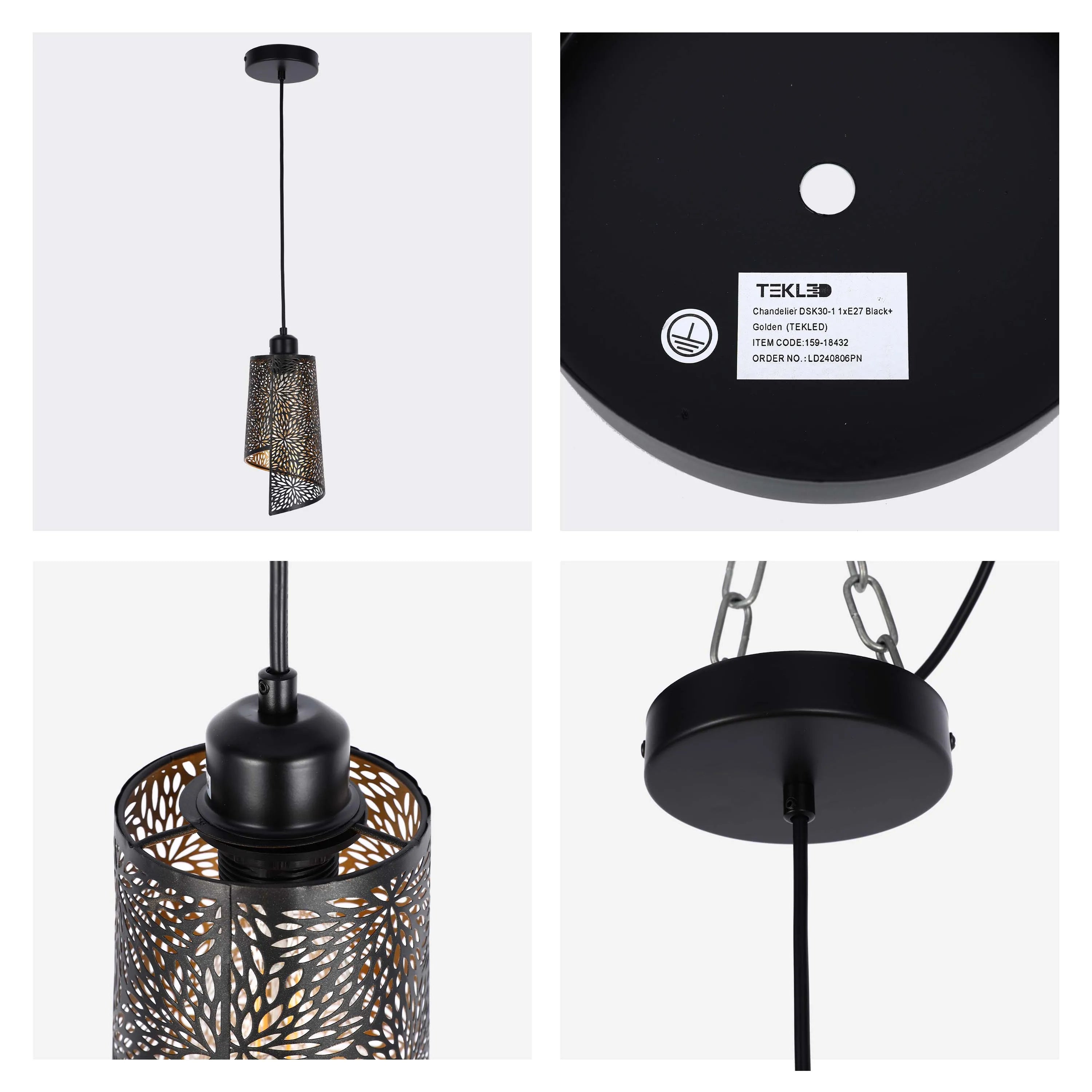 Black and gold, patterned, pendant light with a modern design. Perfect for adding style to any room.