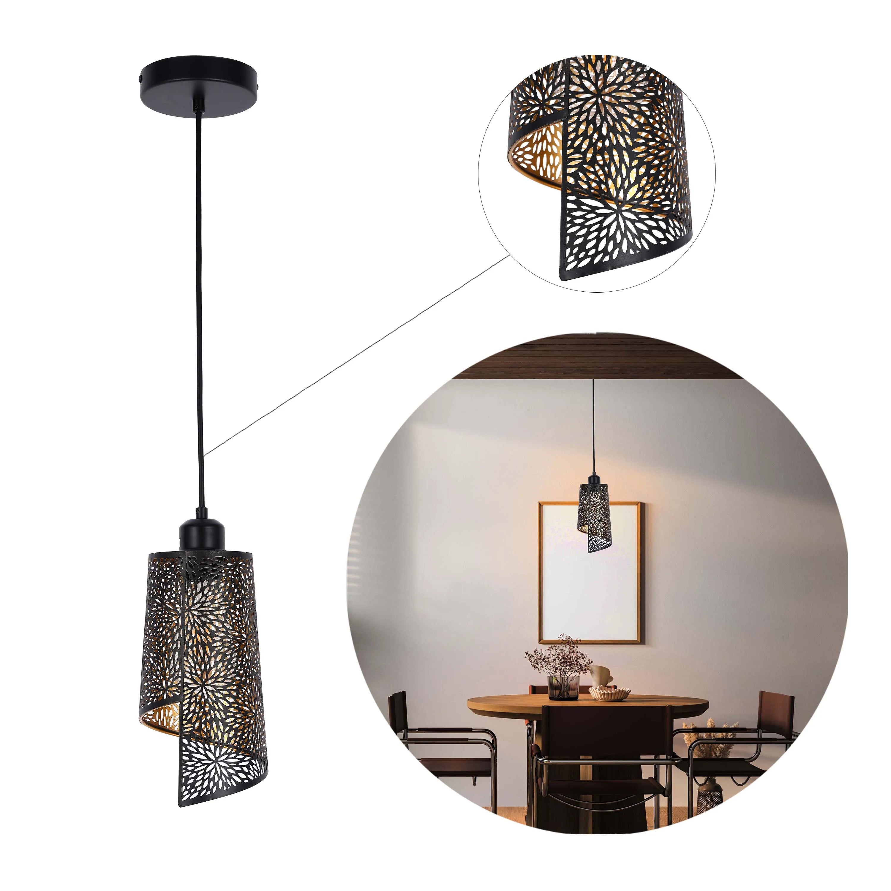 A black metal pendant light with intricate floral cutouts, casting a warm glow. Perfect for adding style and ambiance.