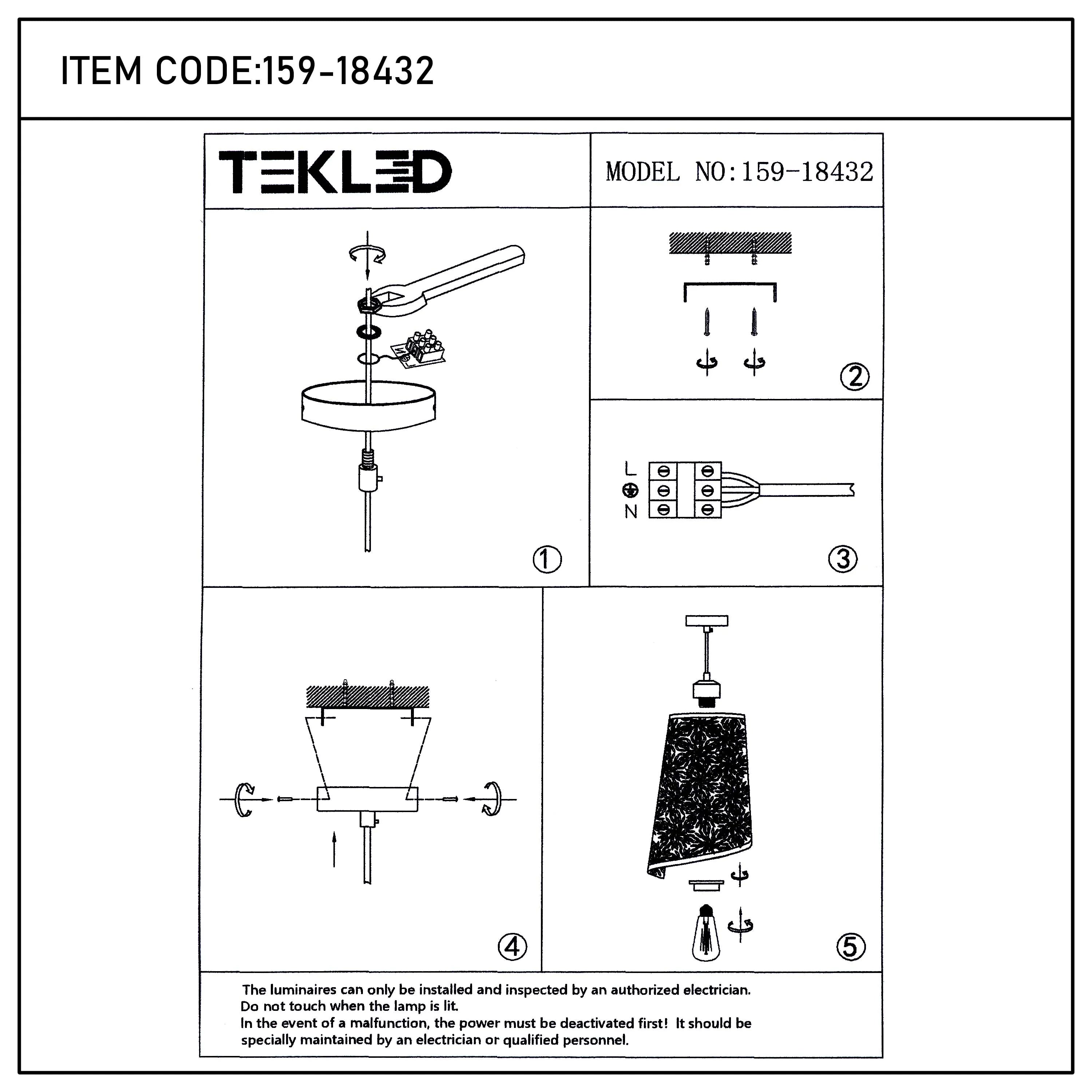 A diagram showing how to assemble a Tekled pendant light (model number 159-18432).