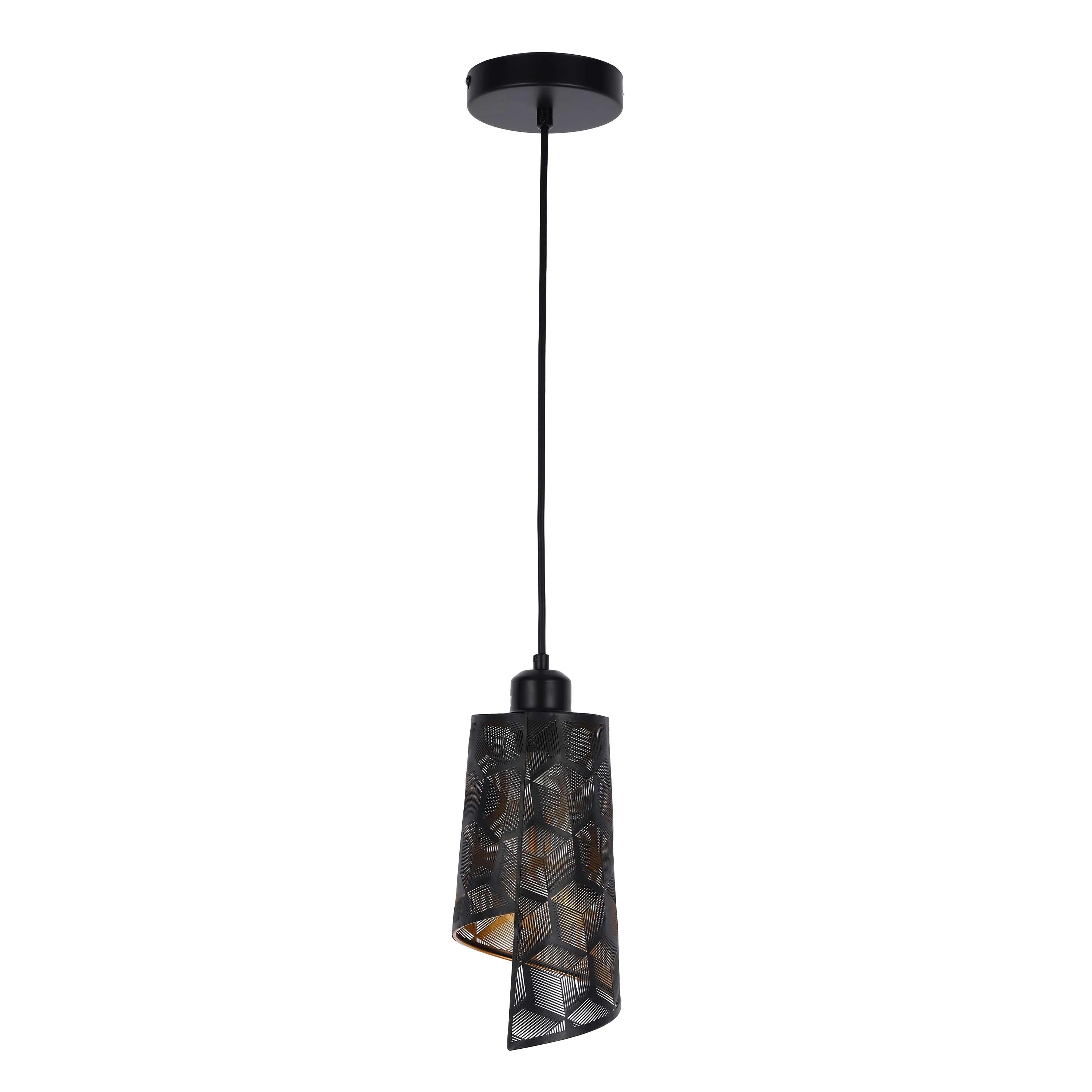 A black metal geometric design pendant light hangs from a ceiling rose by a slim cable. Contemporary style lighting
