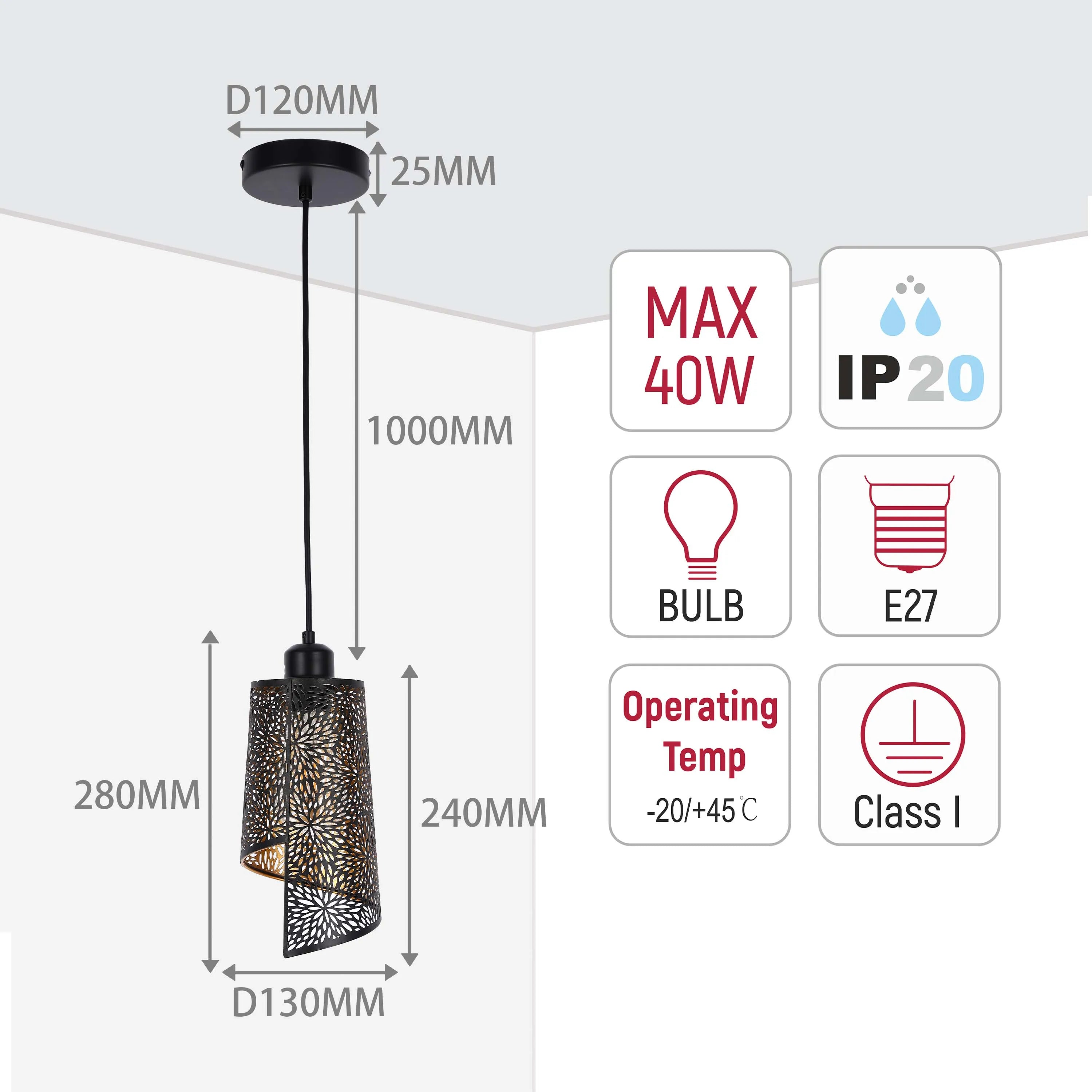 A stylish pendant light with floral detailing and black finish. Dimensions and technical specifications are clearly labelled.
