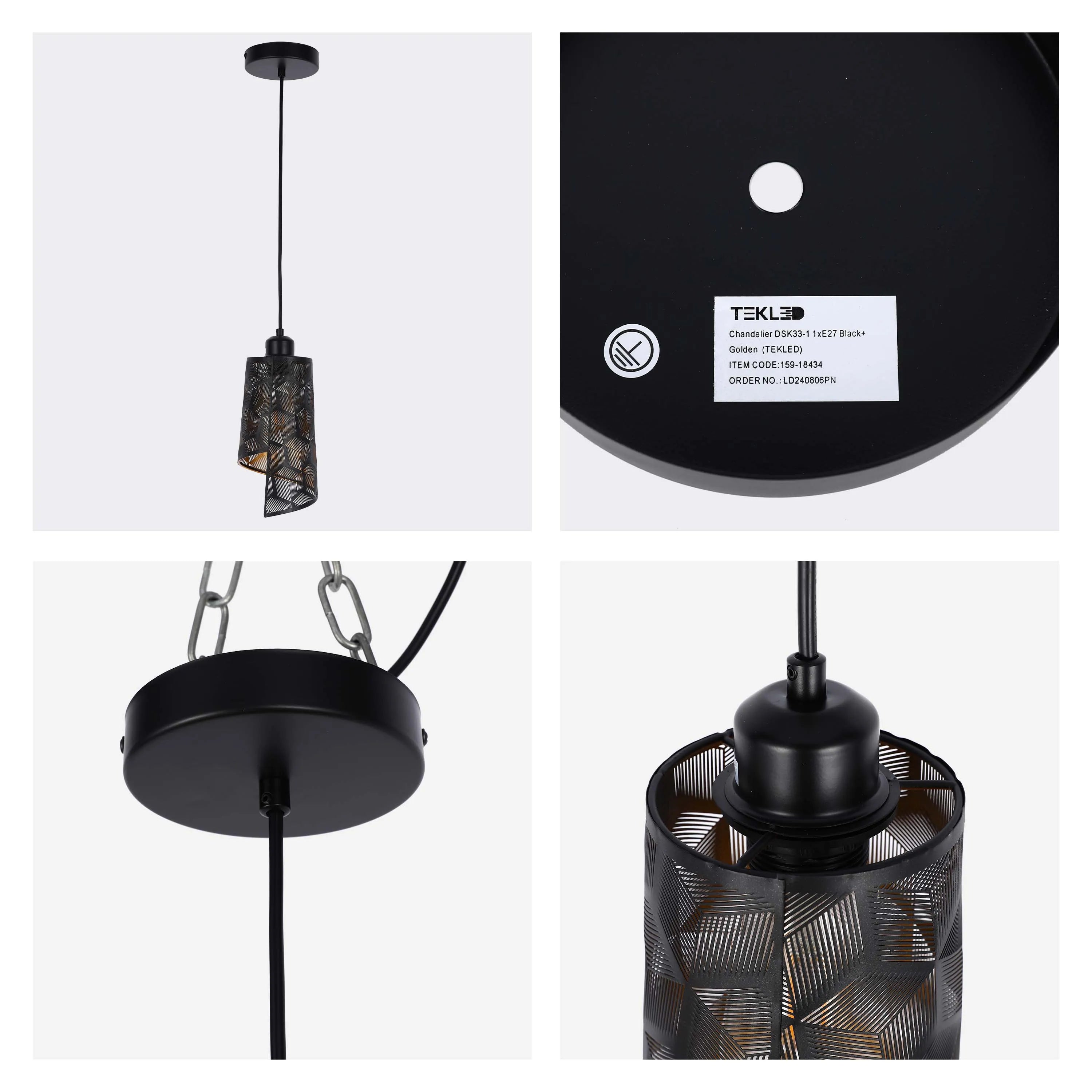 A modern, geometric pendant light with a black metal shade and a golden interior. Features a single E27 bulb fitting.