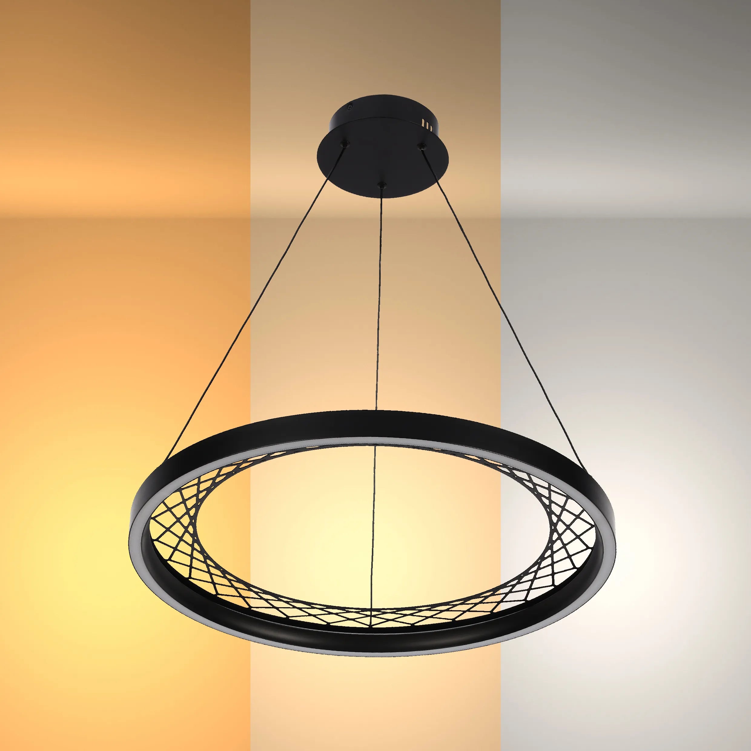 Contemporary black ring light fixture with diamond pattern, suspended by wires against a tri-tone gradient background.