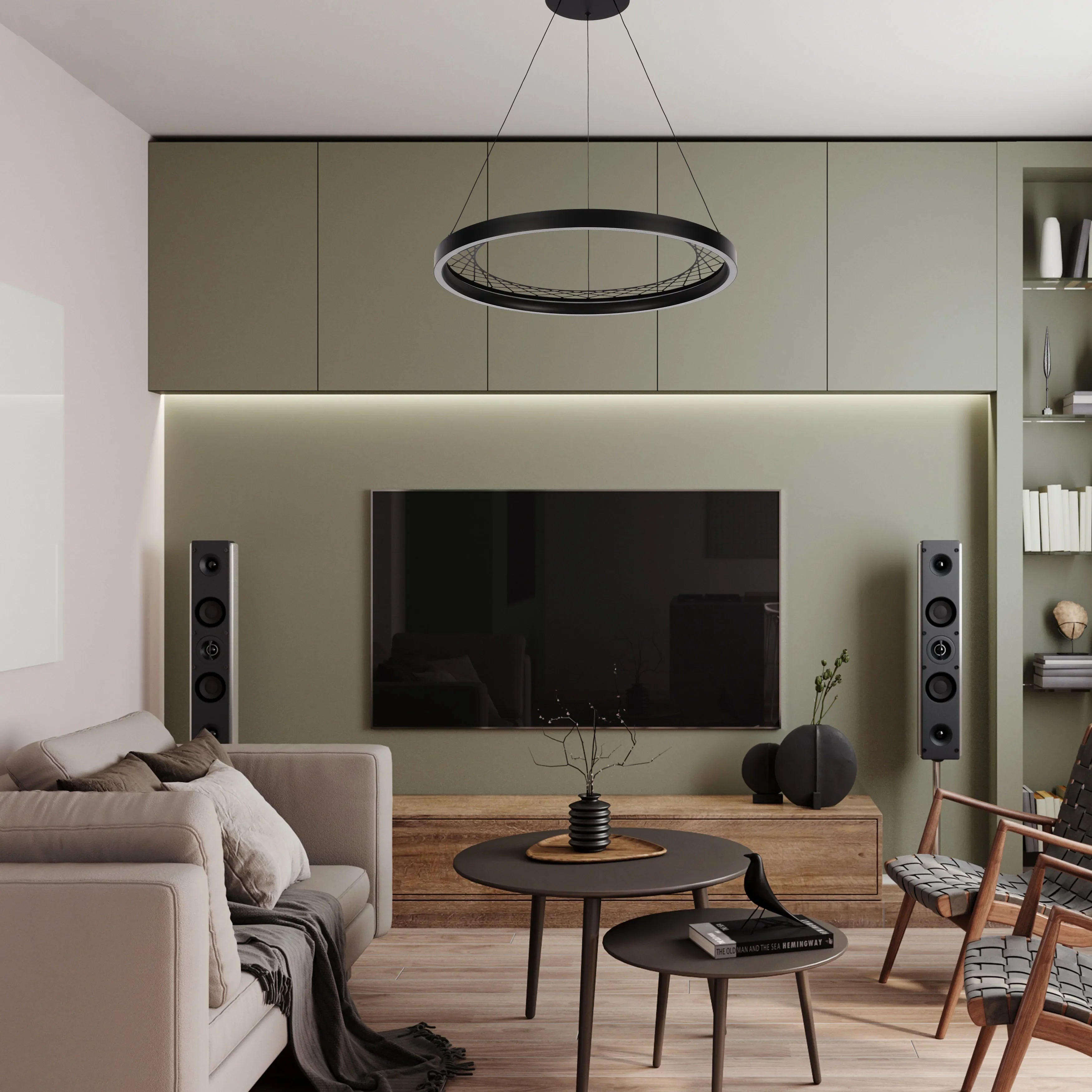 Statement black ring pendant light. Accent lighting highlights the feature wall with a recessed strip above the media unit.